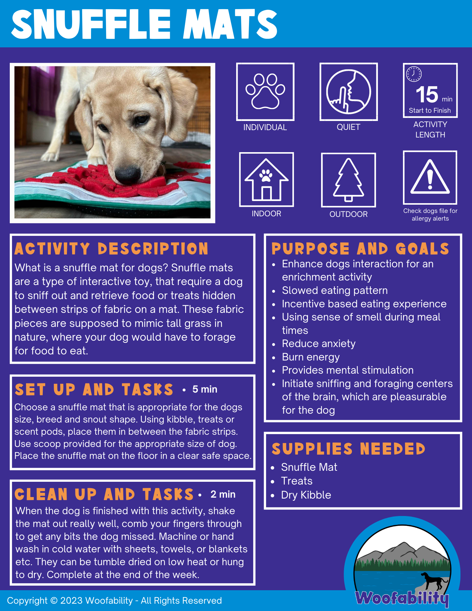 A snuffle mat with a puppy sniffing it, designed for engaging dogs in sensory activity to promote mental stimulation and slow eating.