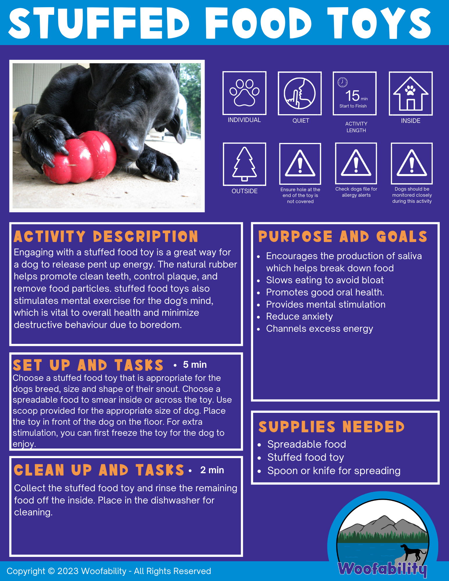 Guide for using stuffed food toys with dogs, showing a photo of a dog chewing a red rubber toy, and icons with tips for safety and activity instructions, including activity duration and setup steps.