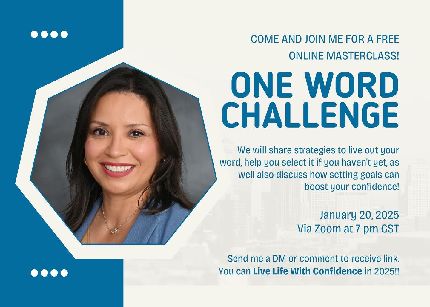 Come join me this Monday at 7 pm for a fun and interactive masterclass! I will help you find your word for 2025 and provide strategies on how to live it out in the new year. Send me a DM or text and I will send you the Zoom link to your phone. 

You 