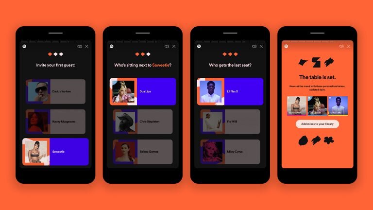 Dream dinner party is an interactive story allowing users to pick three of their top artists over for a meal. Once the trio is selected, Spotify creates a personalized mix for each artist to set the mood.