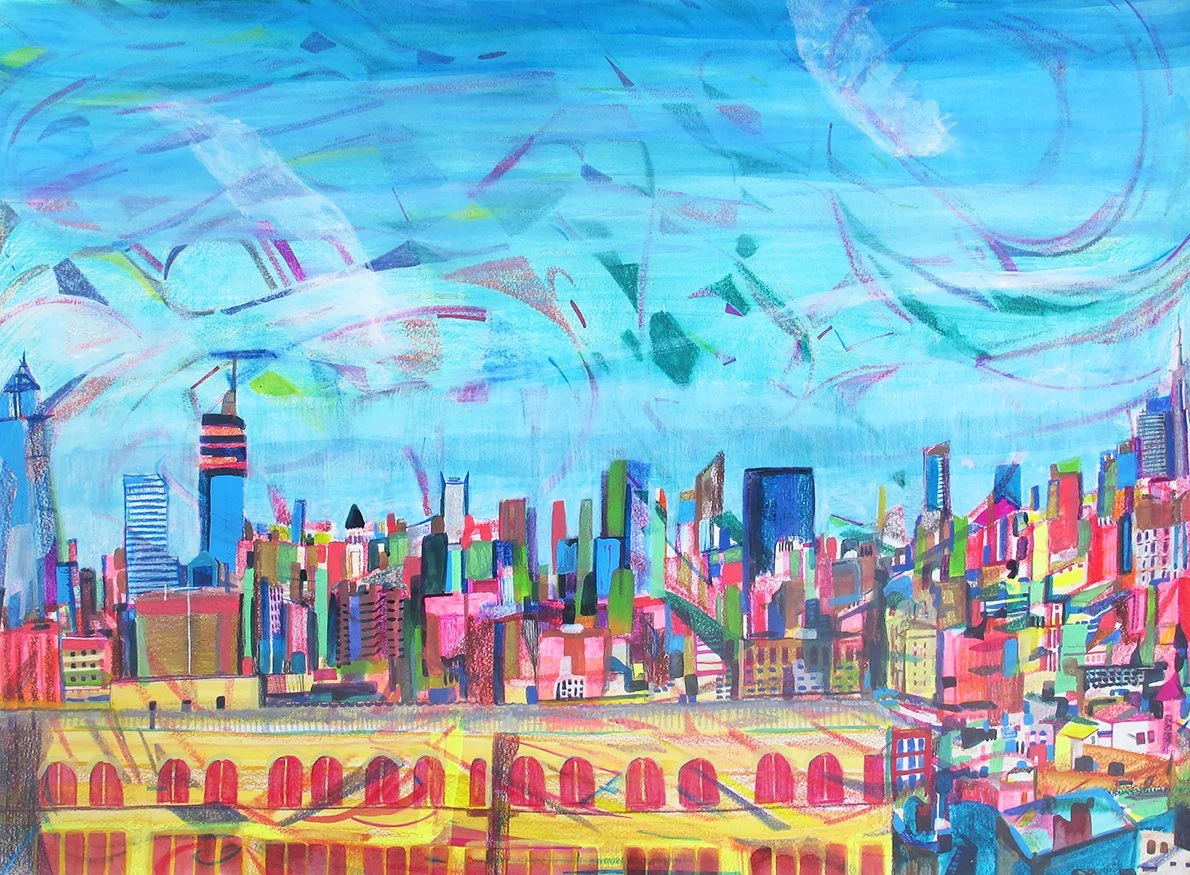 New York Dreamscape 22" x 30" Mixed media on paper $ 3500