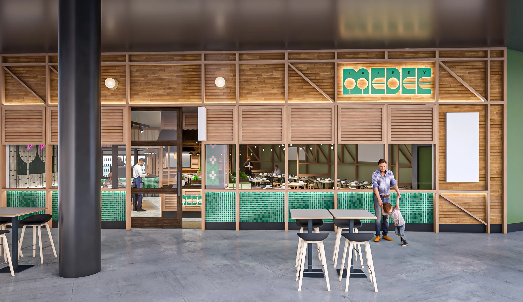 Medee Eatery shopfront at Casuarina Square, Darwin — timber battens, green tiling and brand signage designed by Morph8 Design Studio