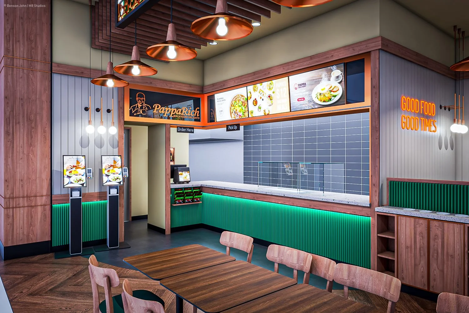 PappaRich M-City Clayton dining room with green-tiled counter, designed by Morph8 Design Studio