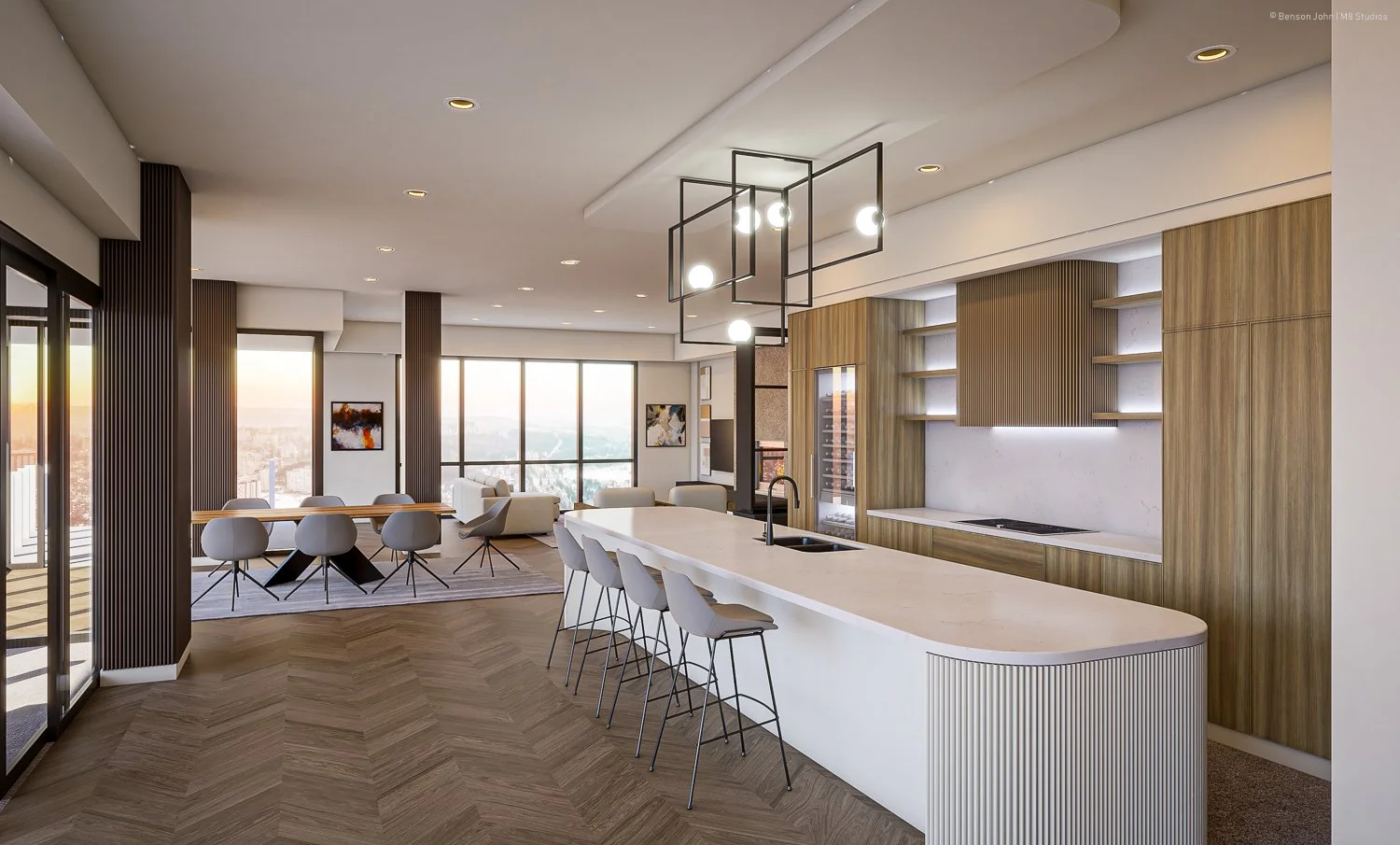 Ransom Residence penthouse kitchen and living area in Adelaide, interior design by Morph8 Design Studio