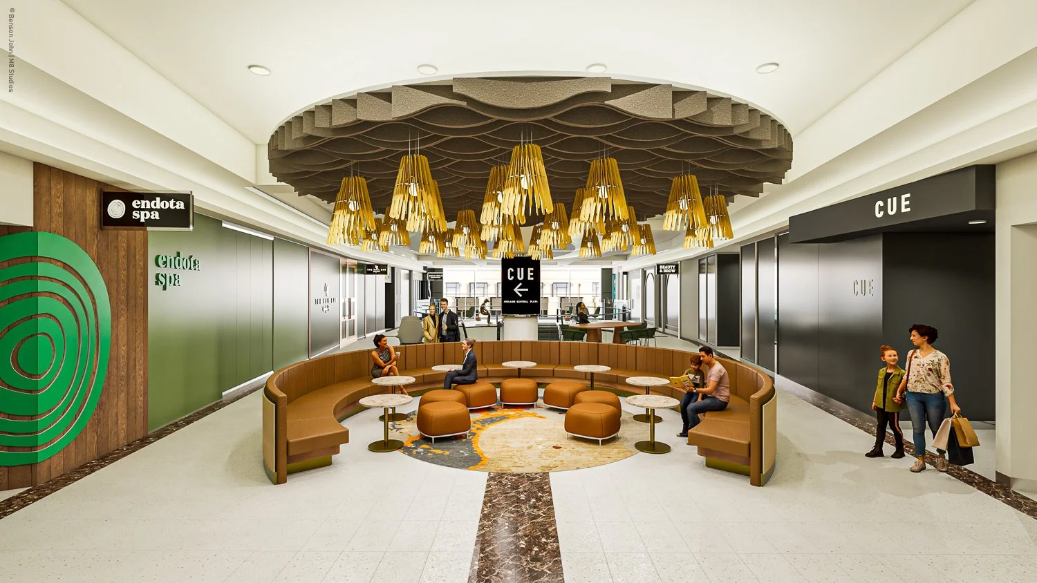 Adelaide Central Plaza level 1 foyer with curved seating and sculptural ceiling, designed by Morph8 Design Studio with InARC