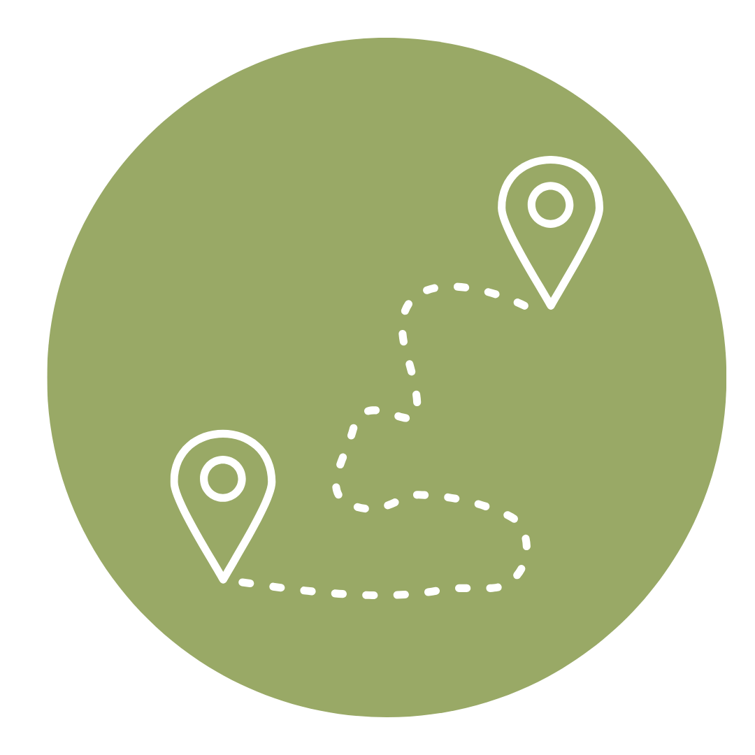 Green circular background with two location pins connected by a dashed path.
