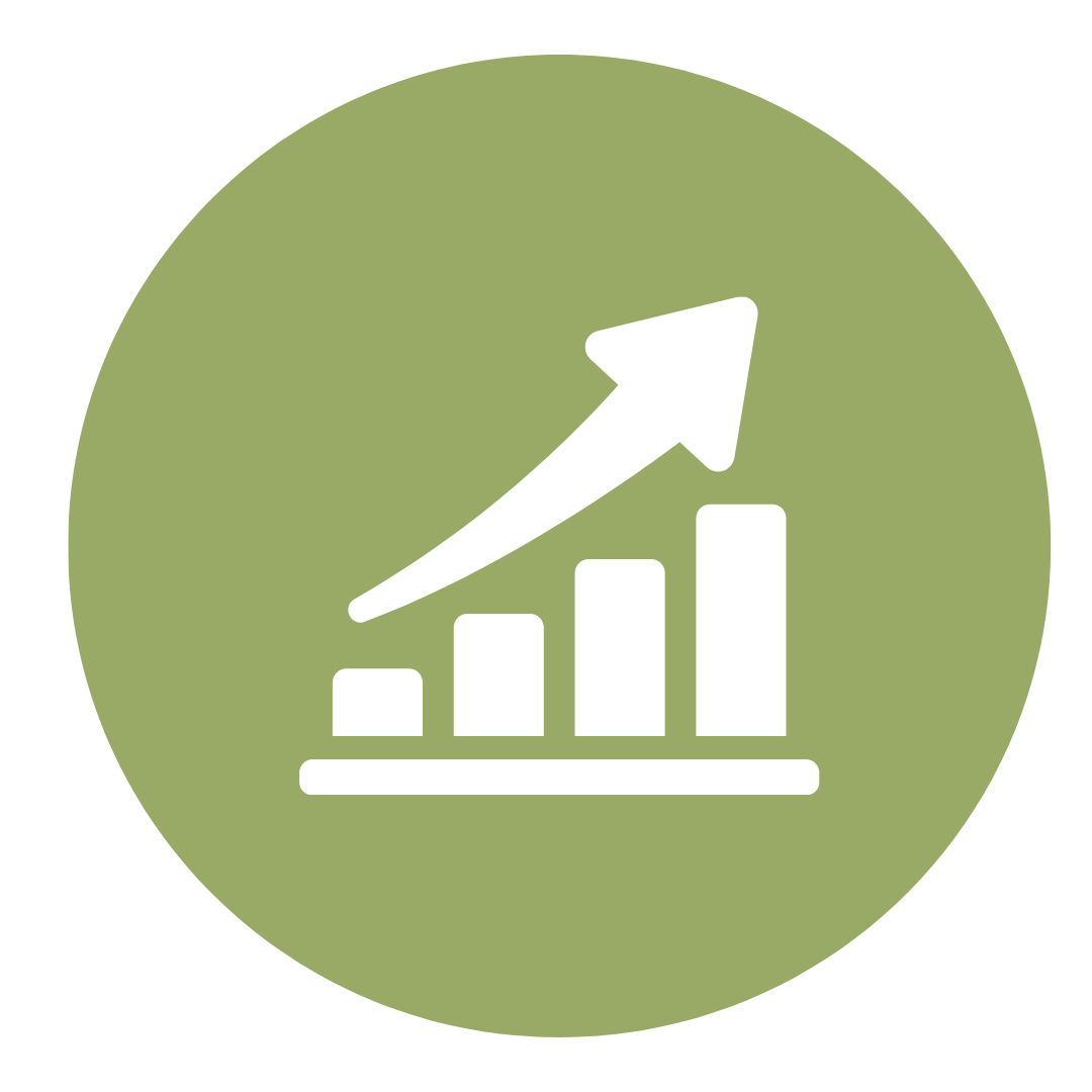Green circular icon with a white bar graph and an upward trend arrow, symbolizing growth or progress.