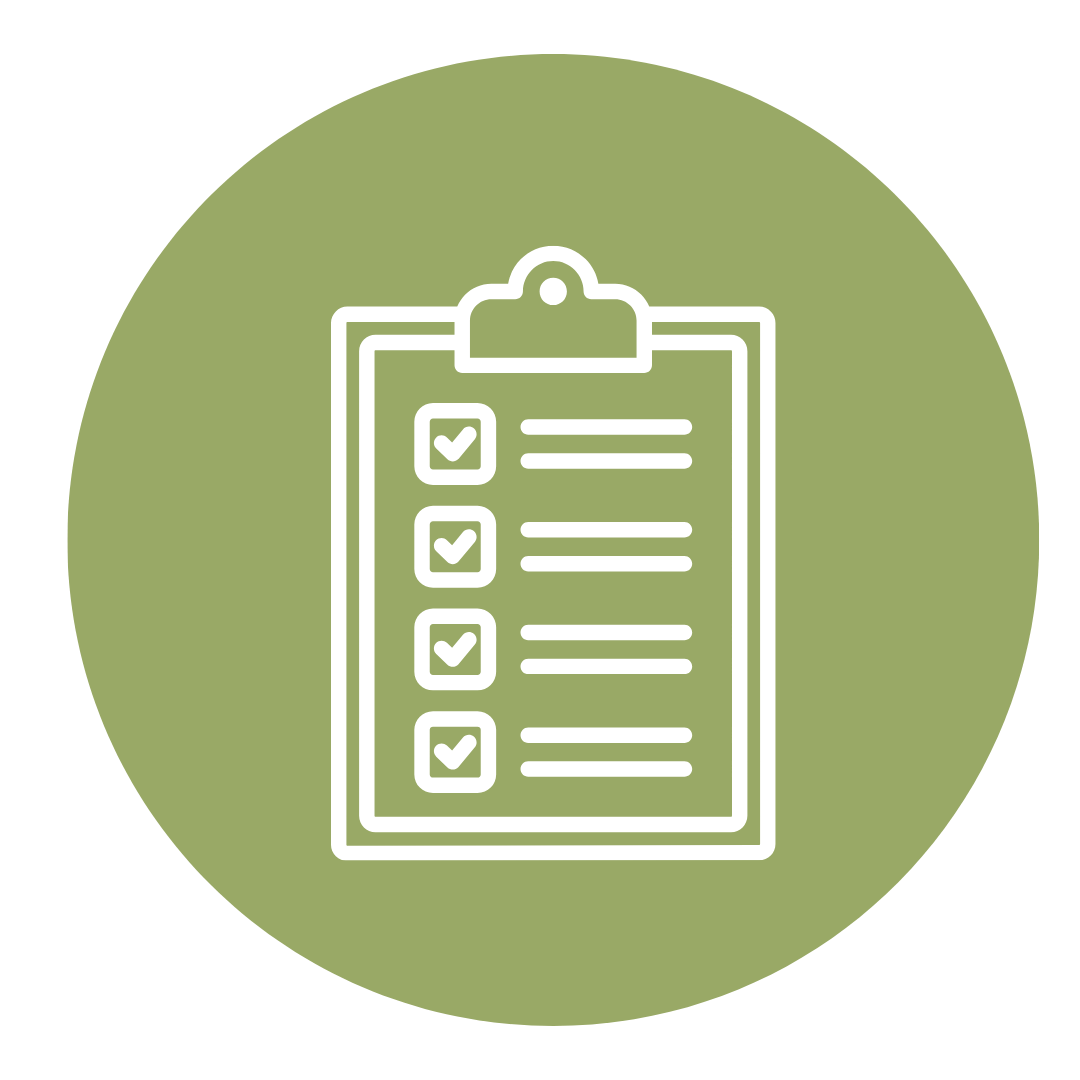 Icon of a clipboard with checkmarks on a green circular background.
