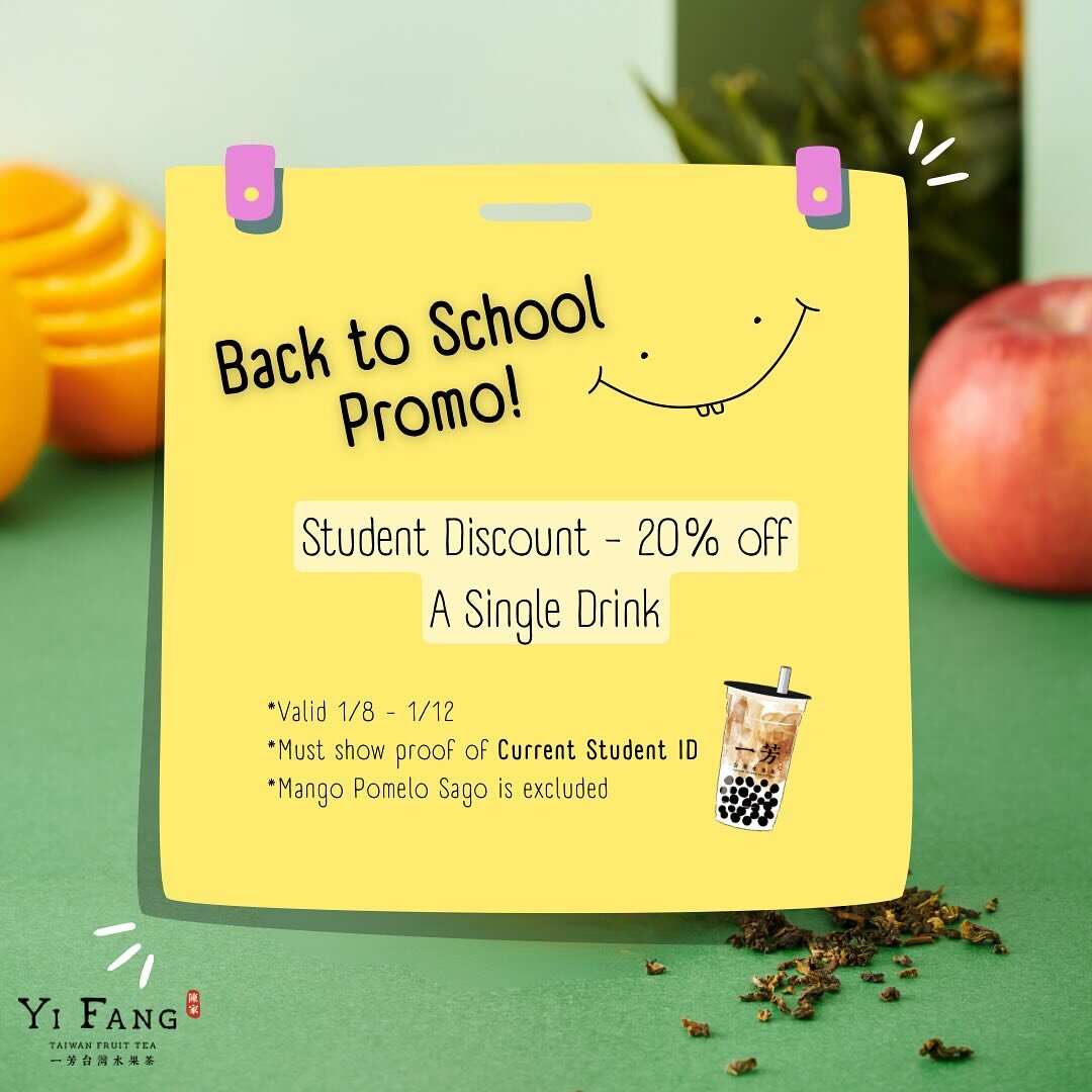 Kickoff new semester with our Back to School Promo. (Valid 1/8 - 1/12).

Present a valid school ID and get 20% a single drink. (certain exclusions apply, valid once a day in store only)

YiFang Taiwan Fruit Tea - Fort Street Mall
📍1116 Fort Street M