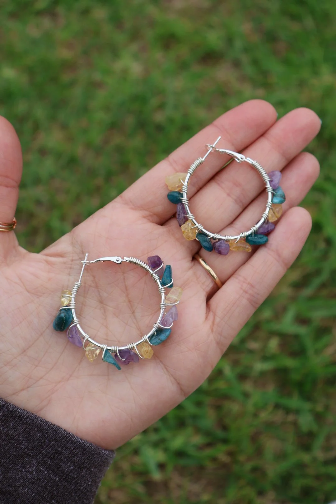 Amethyst x Citrine x Blue Apatite Gemstone Hoops - SILVER