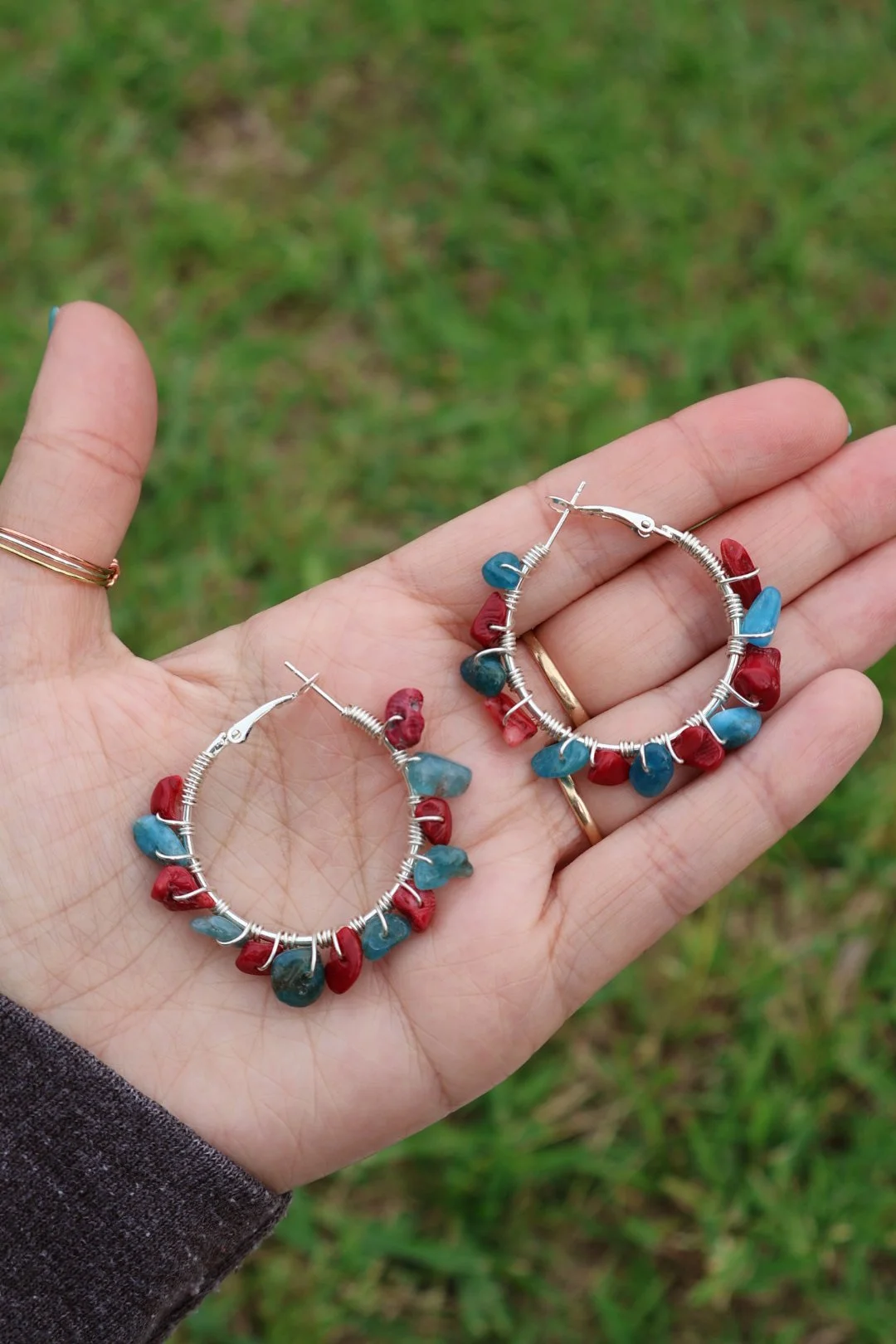 Blue Apatite x Bamboo Coral Gemstone Hoops - SILVER