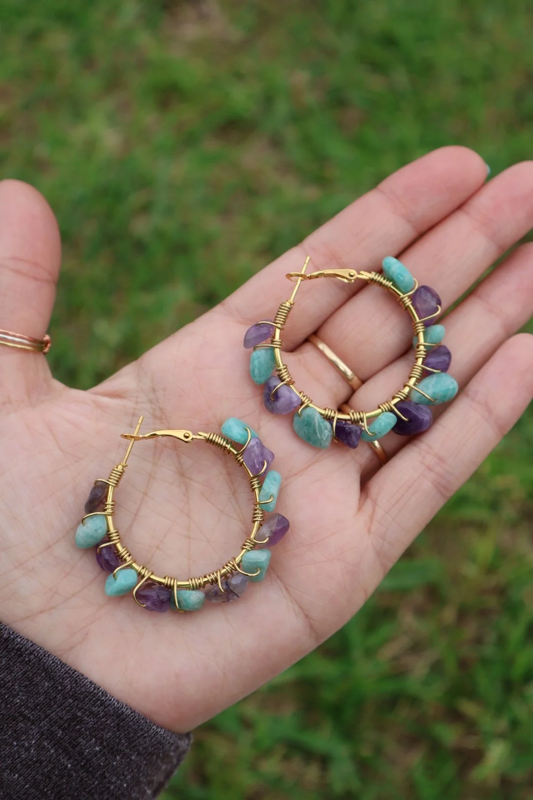 Amethyst x Amazonite Gemstone Hoops - GOLD