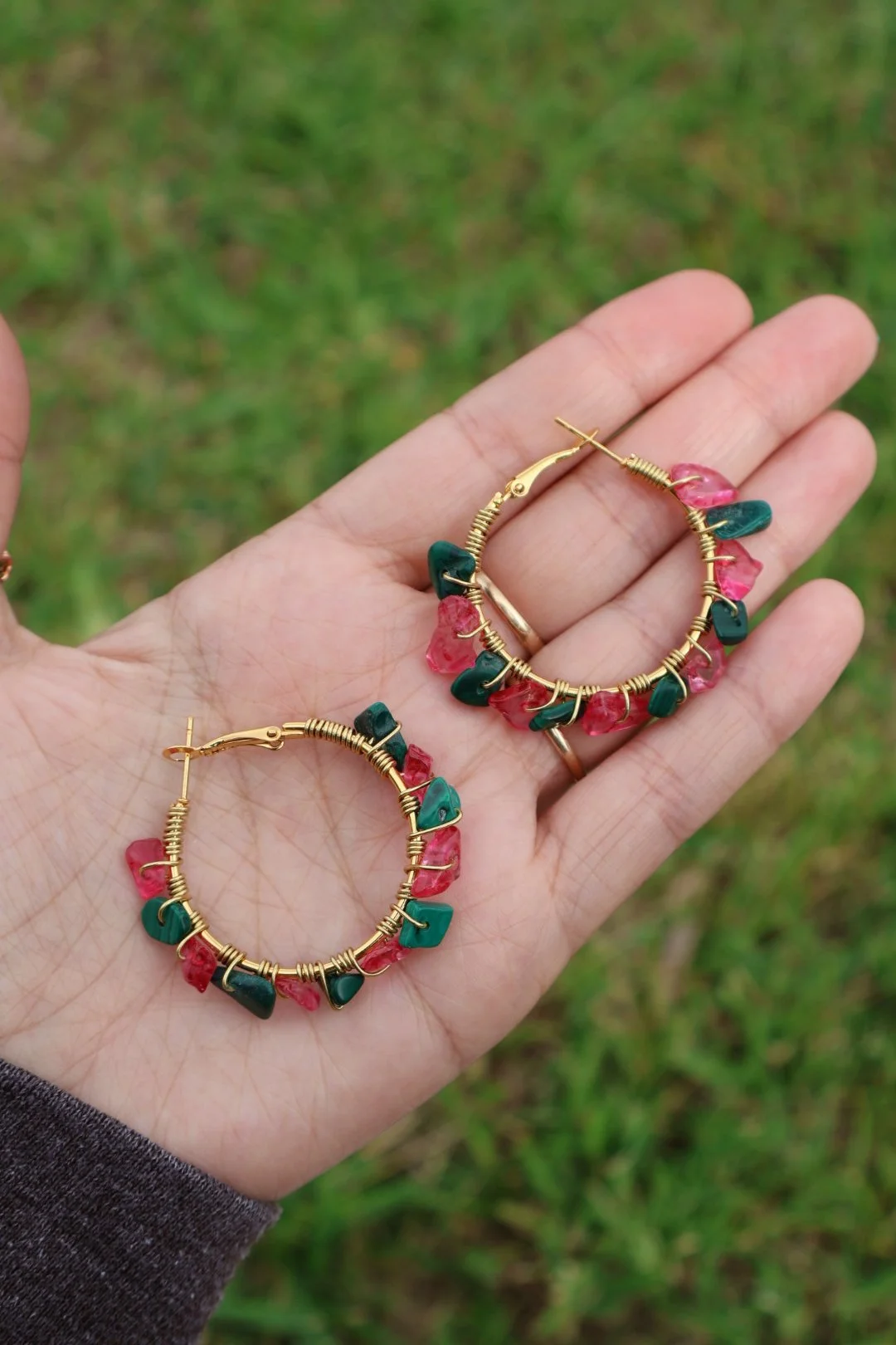 Malachite x Pink Crystal Gemstone Hoops - SILVER