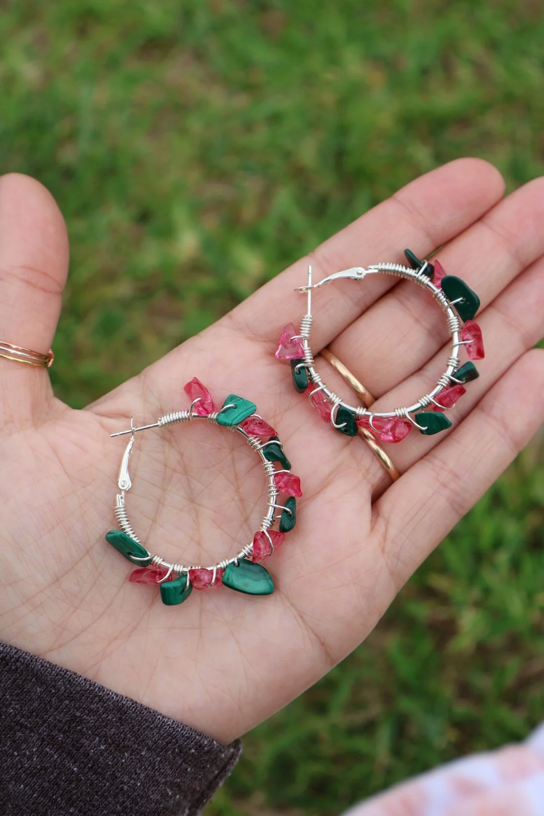 Malachite x Pink Crystal Gemstone Hoops - SILVER