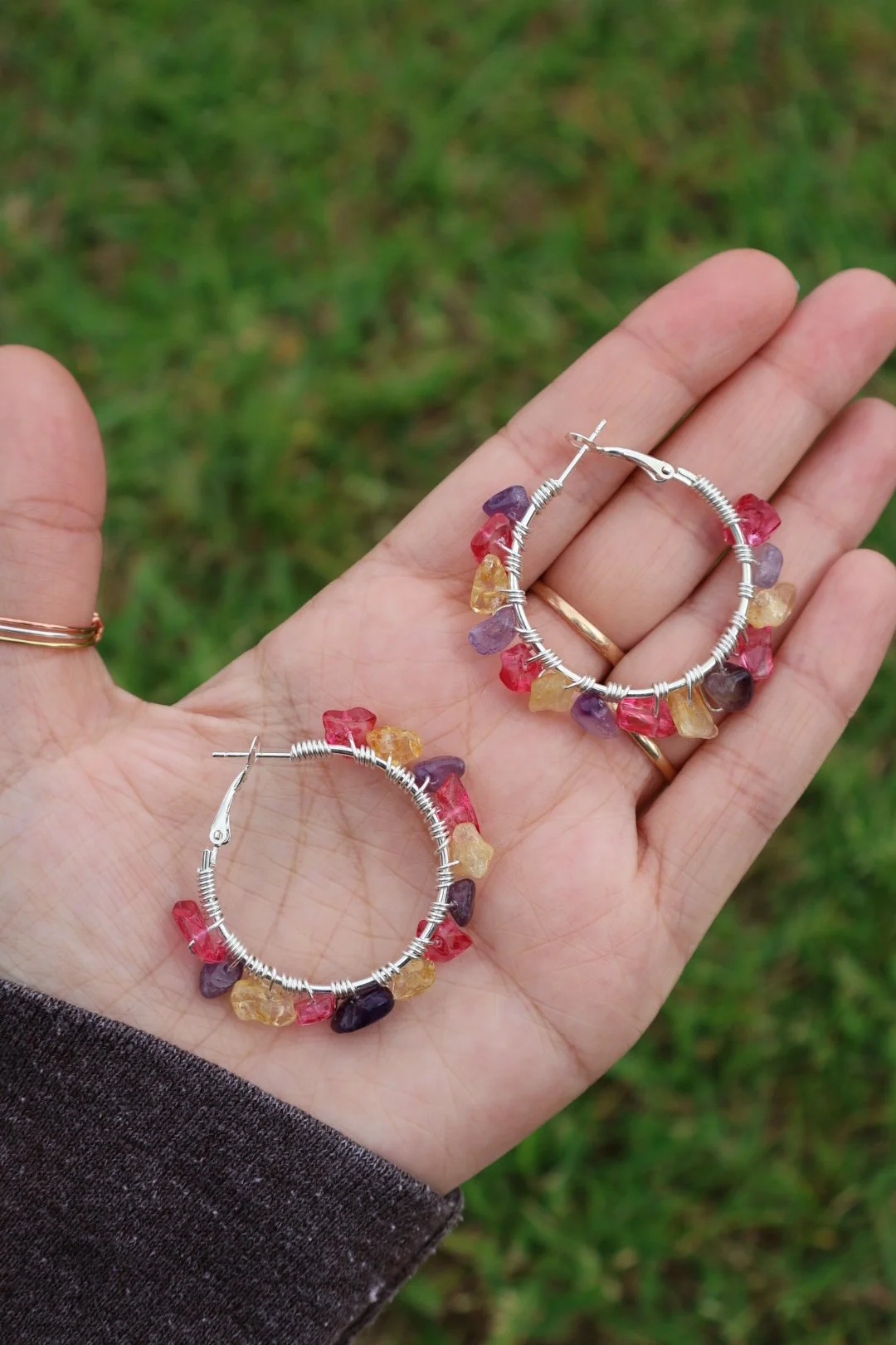 Amethyst x Pink Crystal x Citrine Gemstone Hoops - SILVER