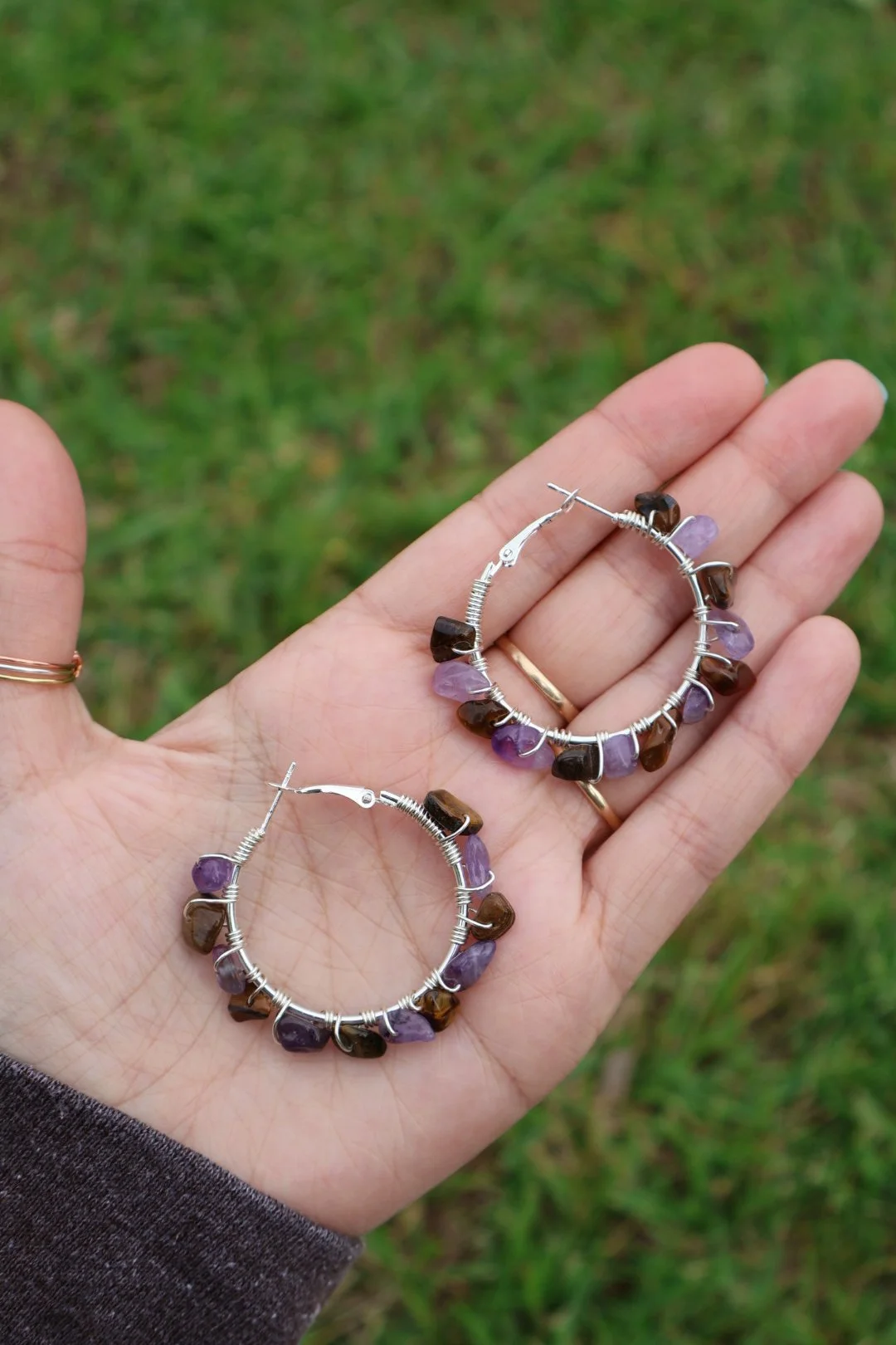 Amethyst x Tigers Eye Gemstone Hoops - SILVER