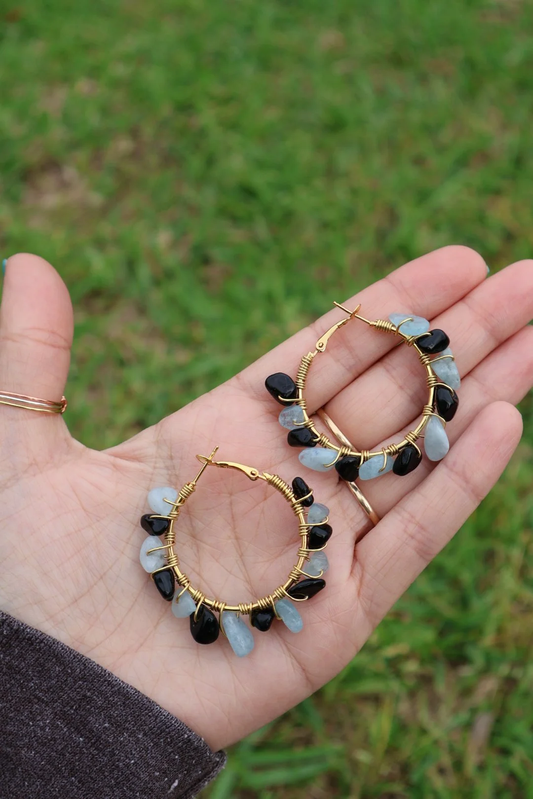 Obsidian x Aquamarine Gemstone Hoops - GOLD