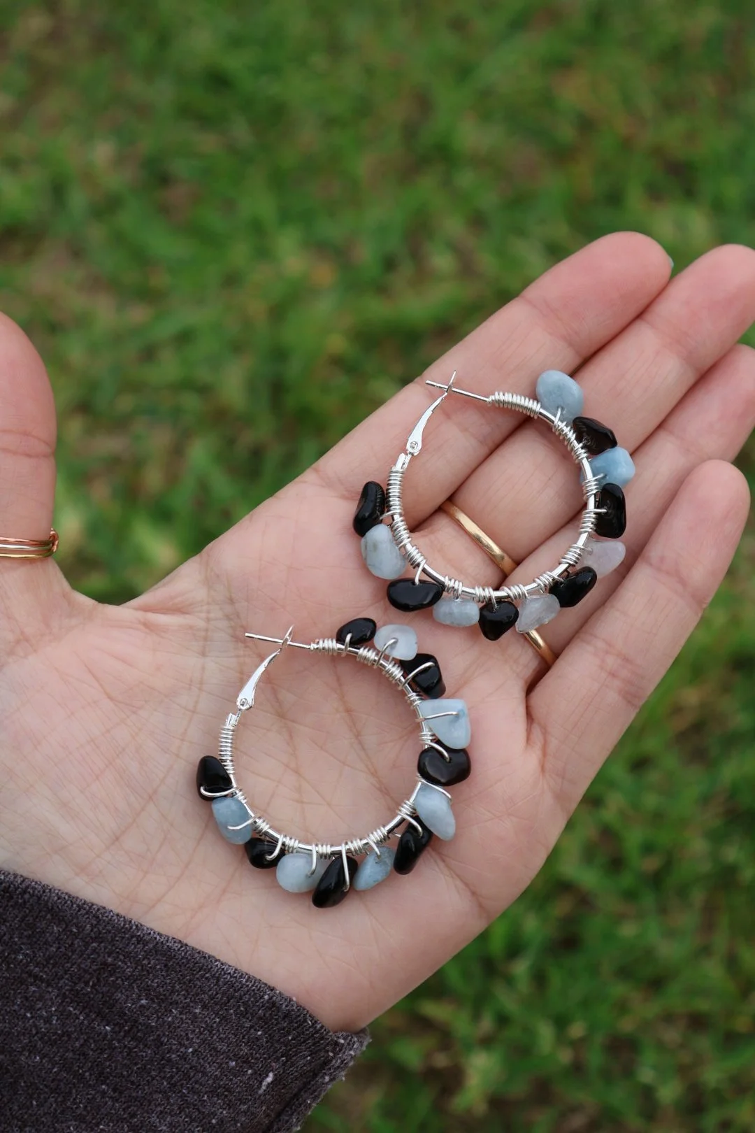 Obsidian x Aquamarine Gemstone Hoops - SILVER