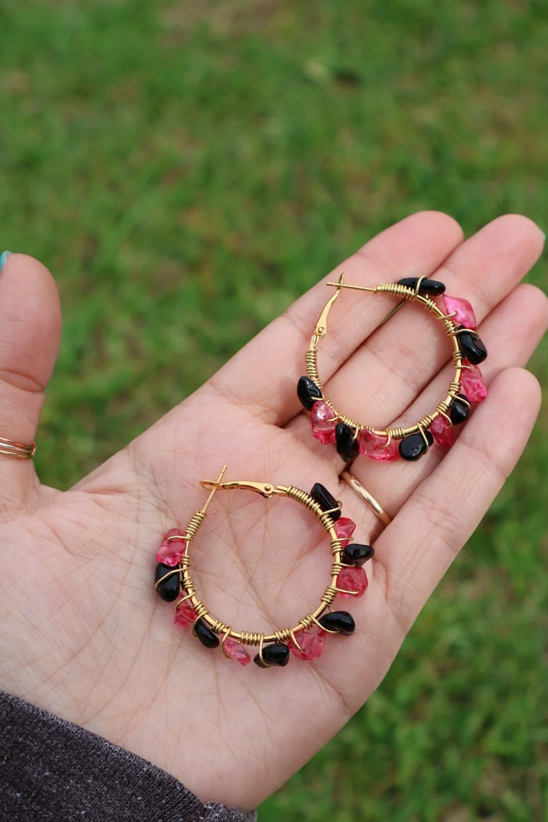 Obsidian x Pink Crystal Gemstone Hoops - GOLD