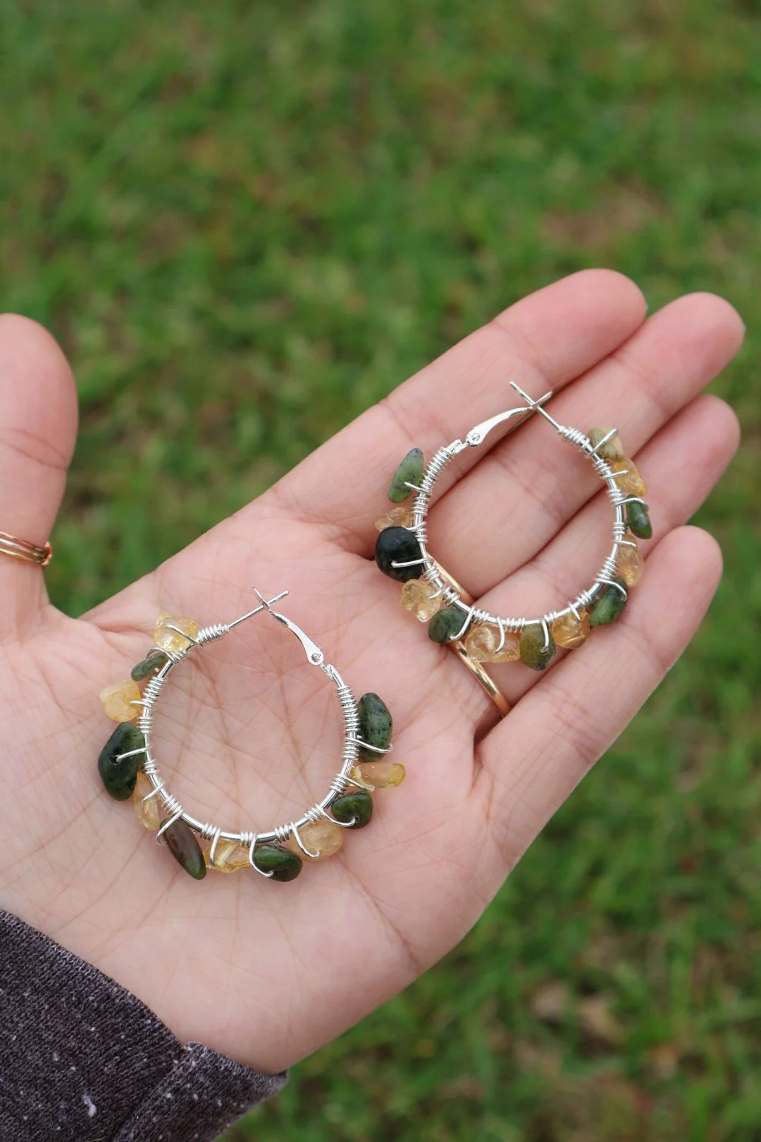 Citrine x African Jasper Gemstone Hoops - SILVER