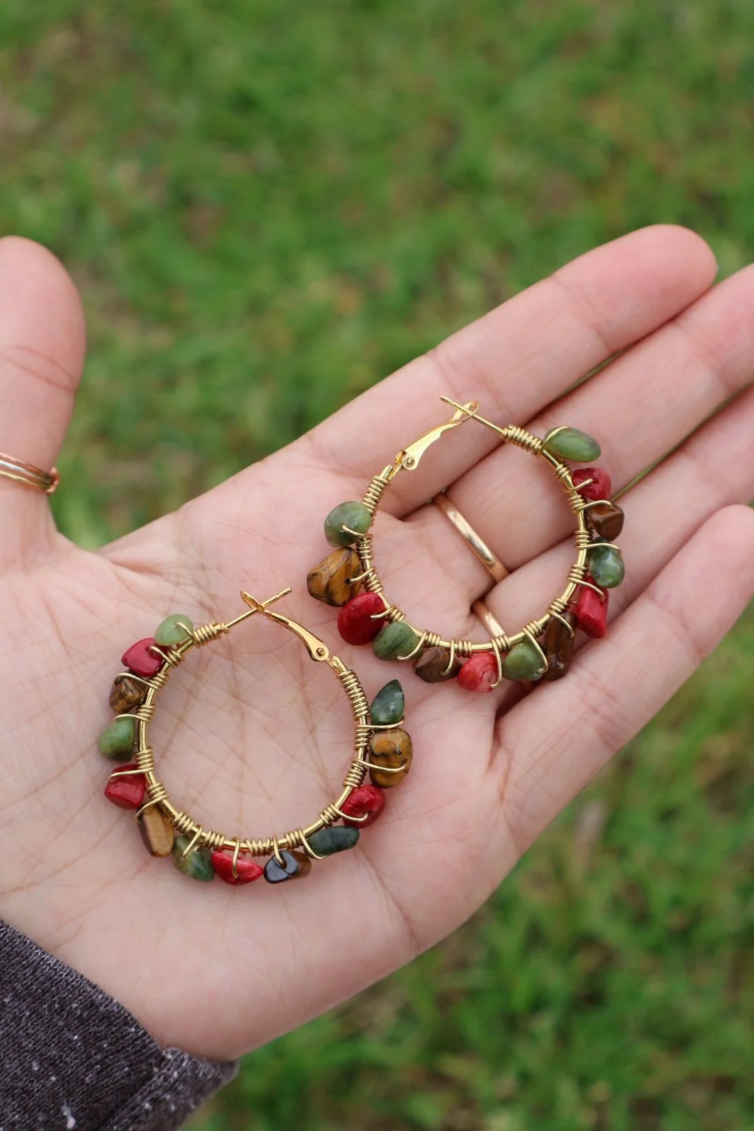 Tigers Eye x Bamboo Coral x African Jasper Gemstone Hoops - GOLD