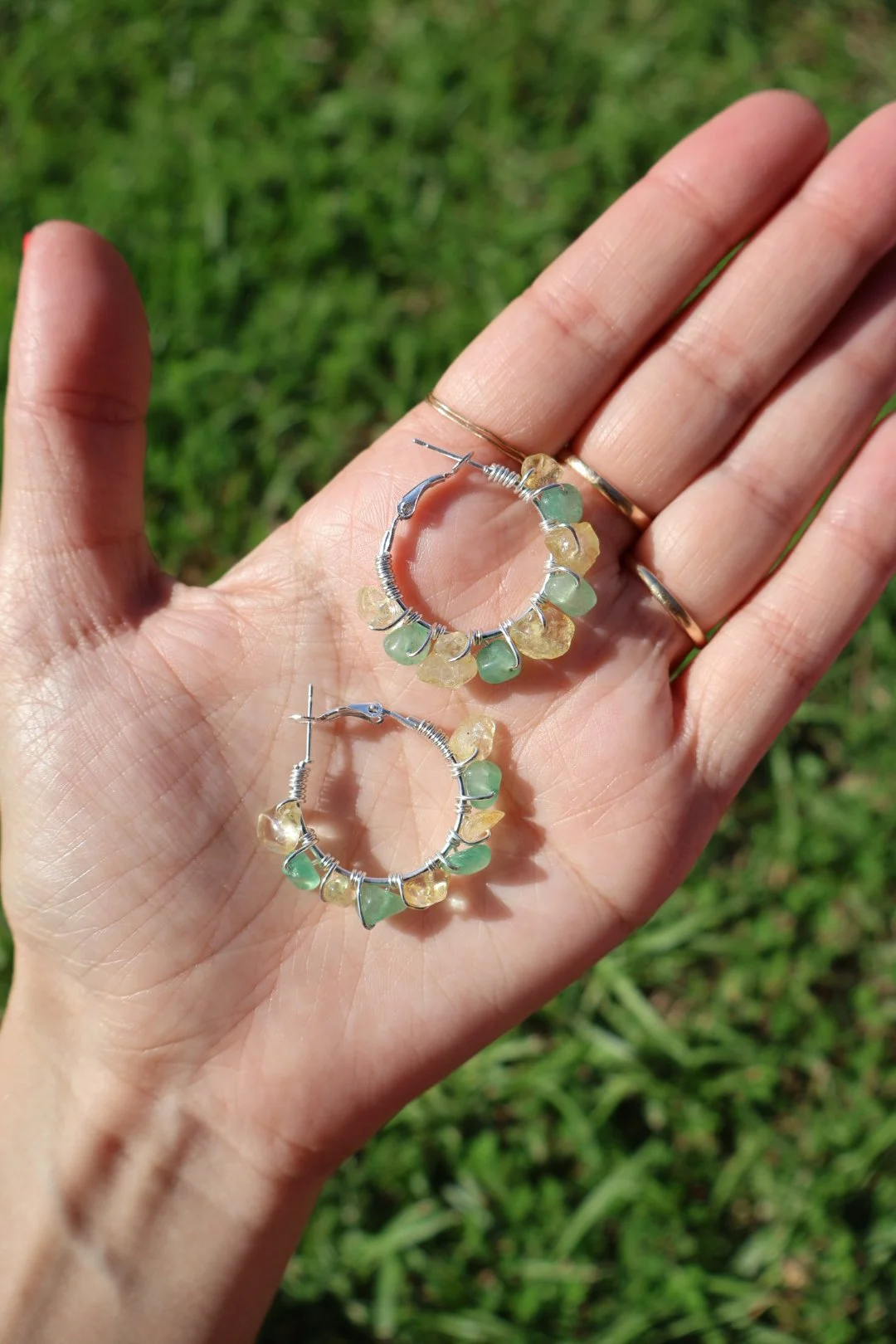 Citrine x Aventurine Mini Gemstone Hoops - SILVER