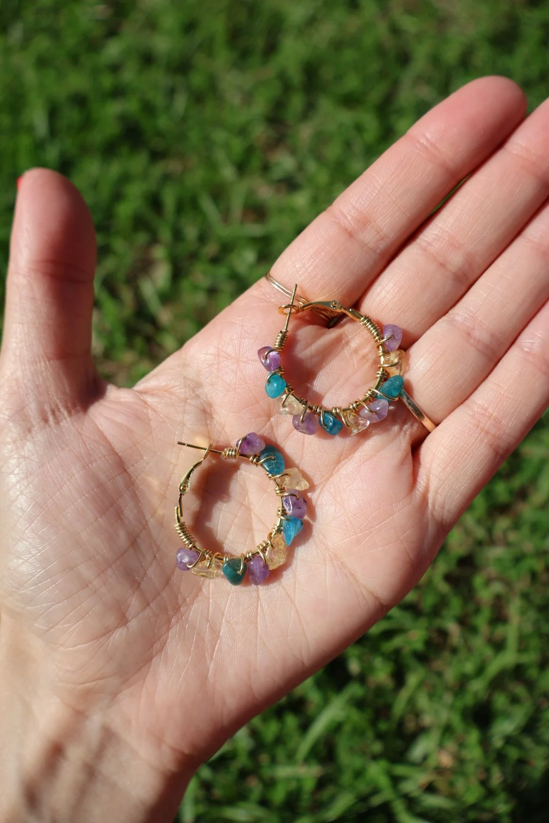 Amethyst x Citrine x Blue Apatite Mini Gemstone Hoops - GOLD