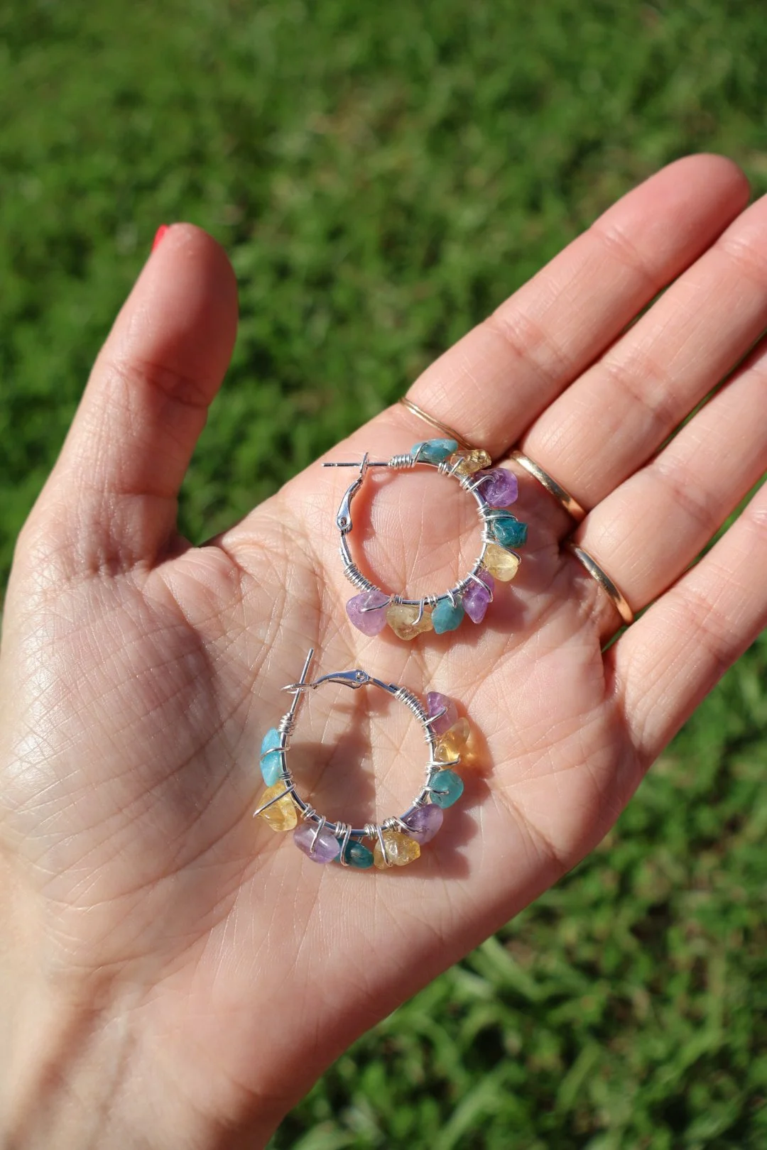 Amethyst x Citrine x Blue Apatite Mini Gemstone Hoops - SILVER