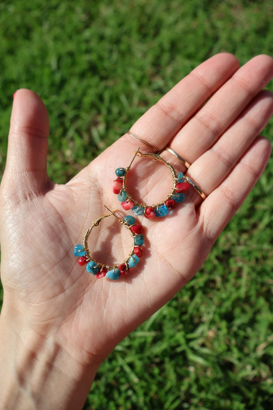Blue Apatite x Bamboo Coral Mini Gemstone Hoops - GOLD
