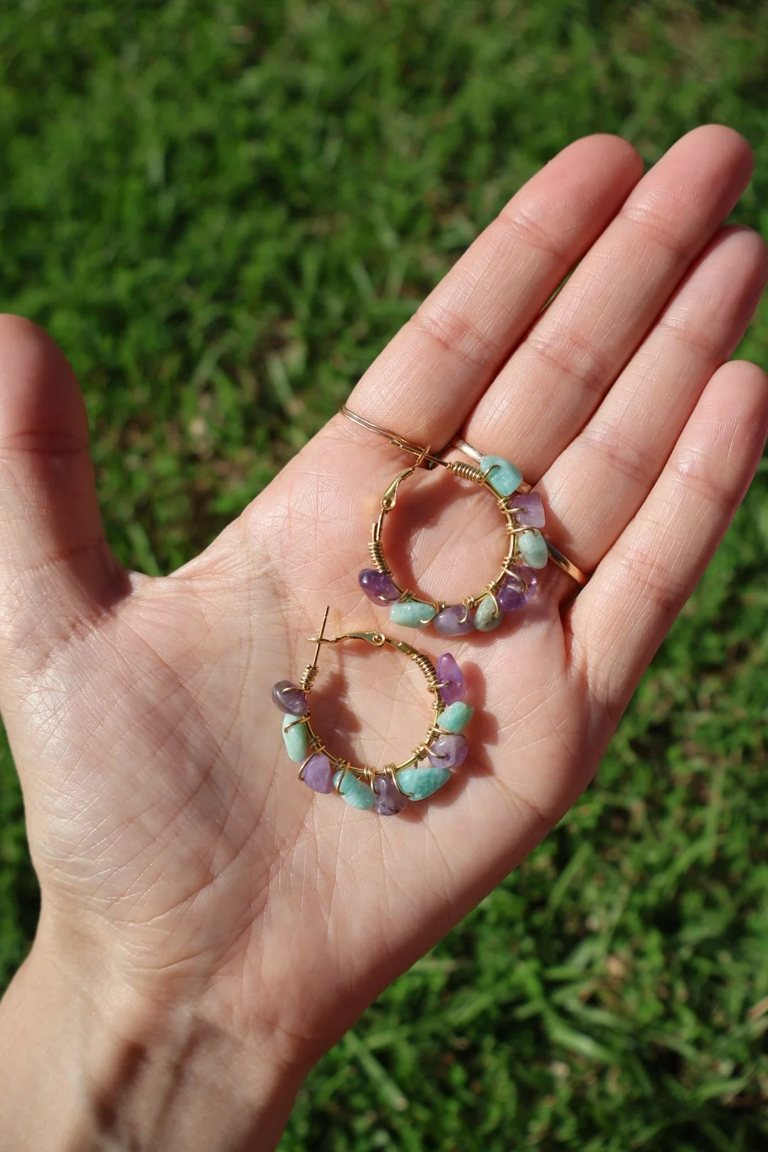 Amethyst x Amazonite Mini Gemstone Hoops - GOLD
