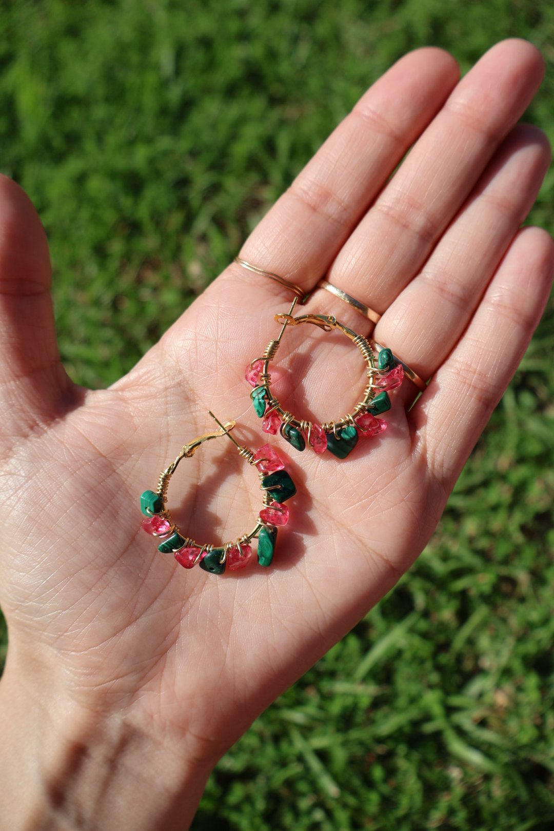 Malachite x Pink Crystal Mini Gemstone Hoops - GOLD