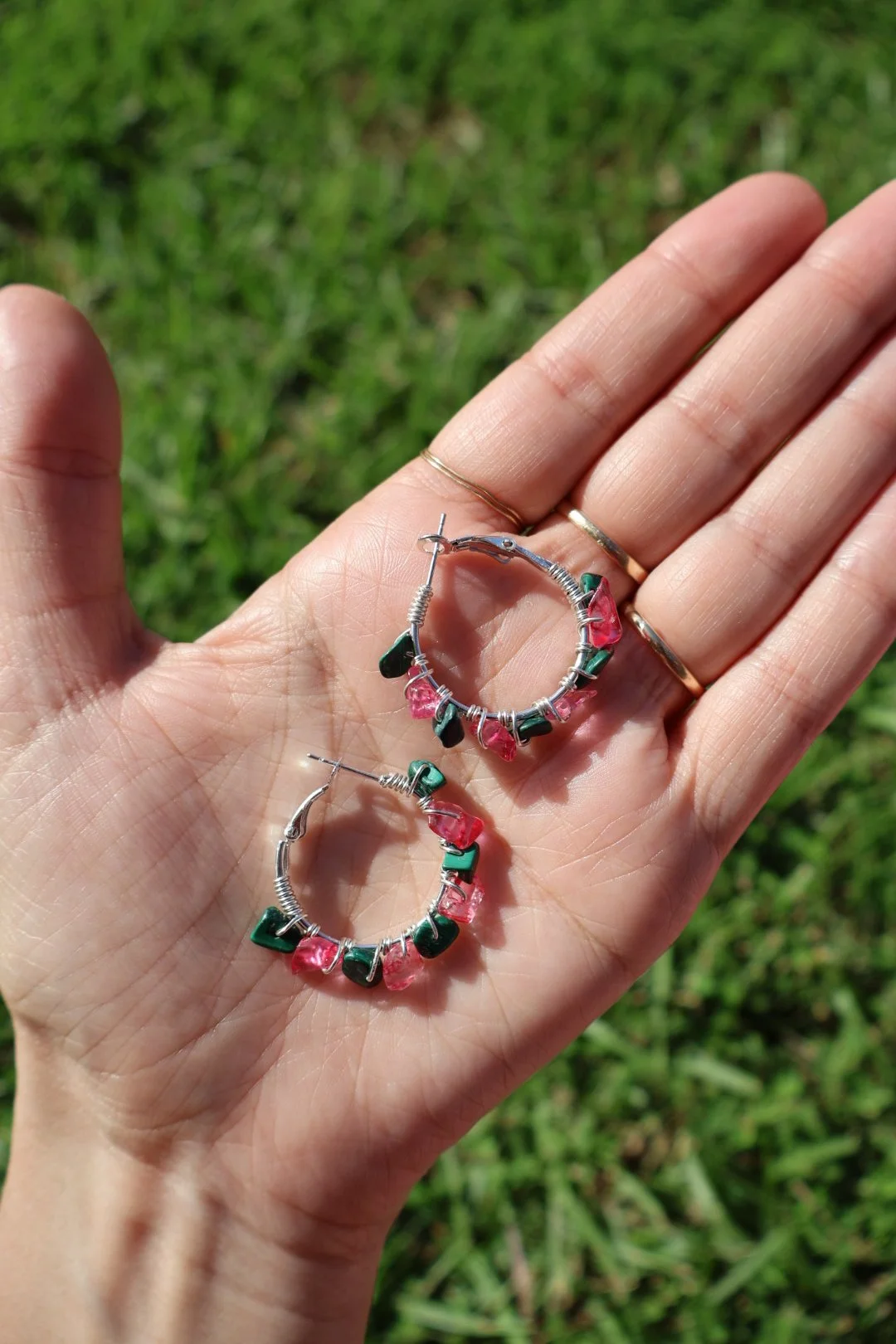 Malachite x Pink Crystal Mini Gemstone Hoops - SILVER