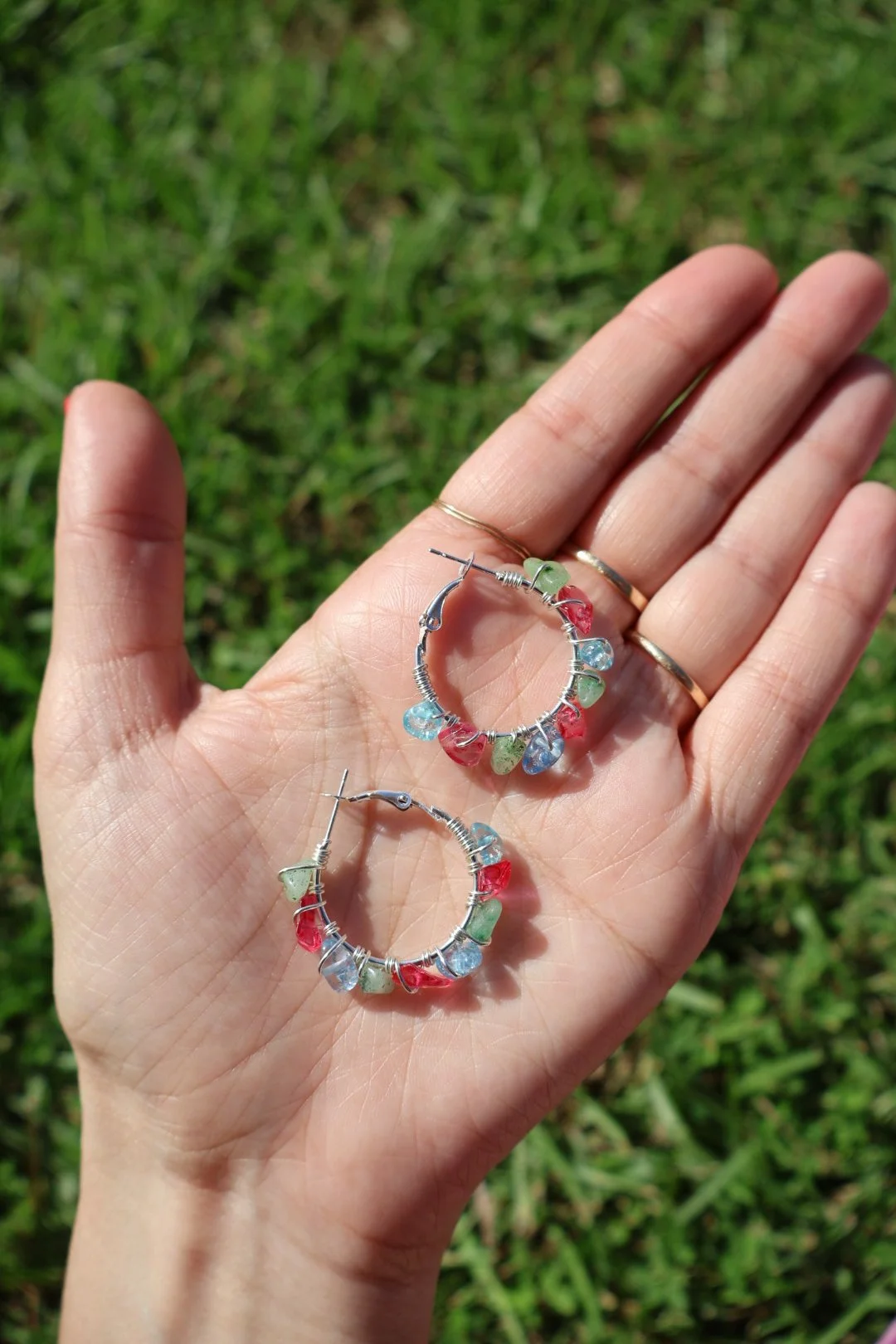 Aventurine x Pink Crystal x Blue Quartz Mini Gemstone Hoops - SILVER