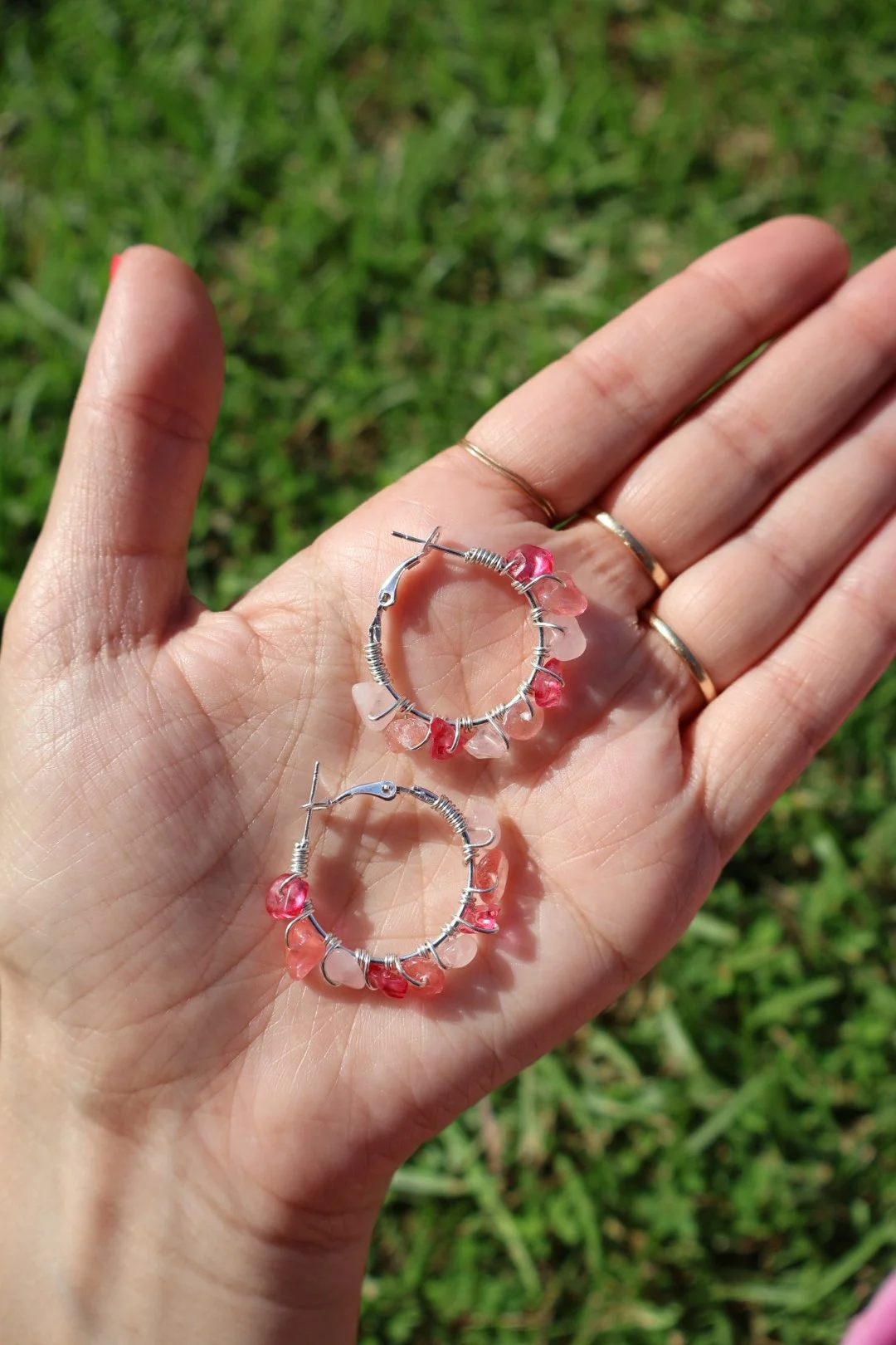 Rose Quartz x Cherry Quartz x Pink Crystal Mini Gemstone Hoops - SILVER