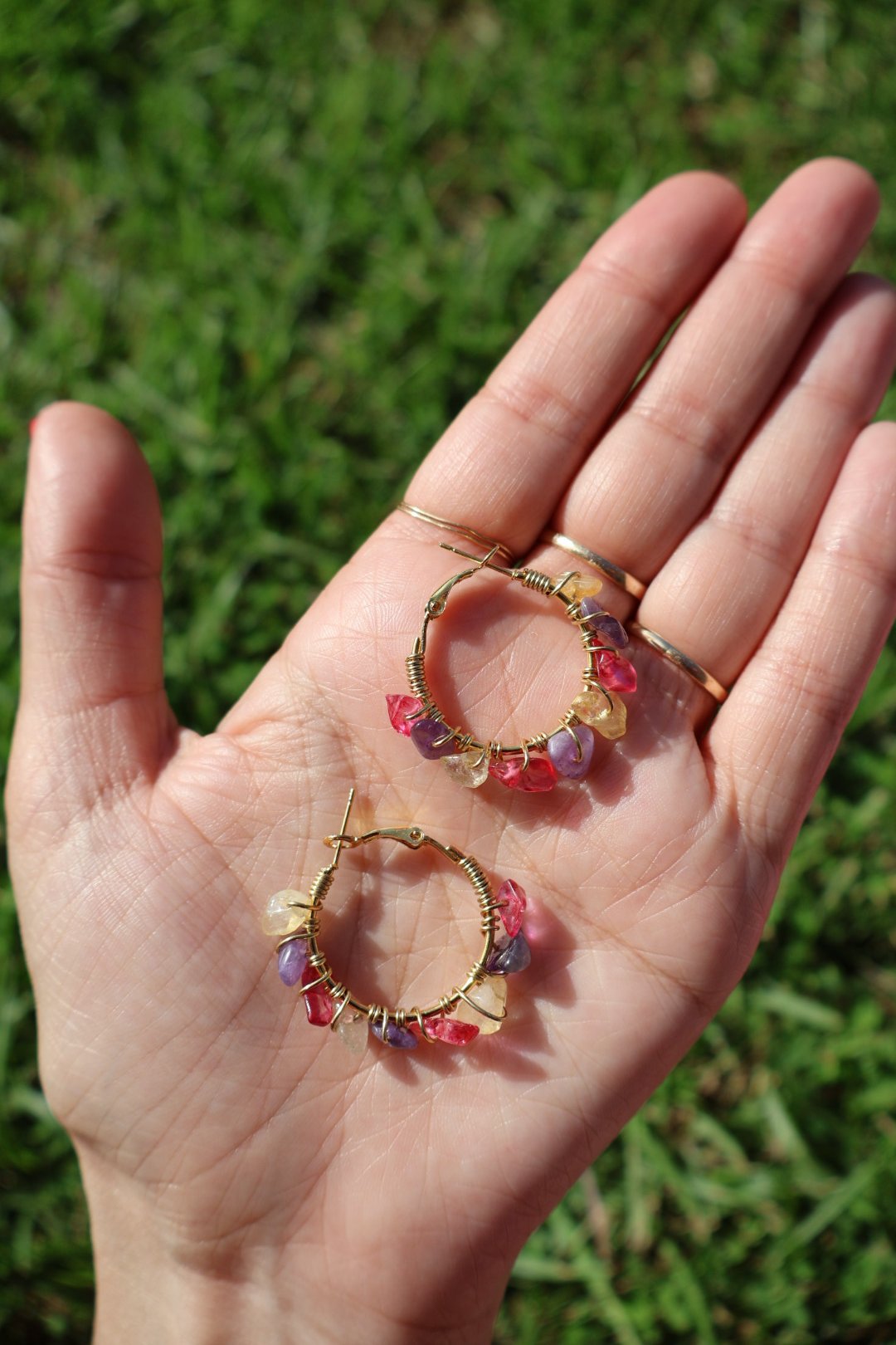 Amethyst x Pink Crystal x Citrine Mini Gemstone Hoops - GOLD