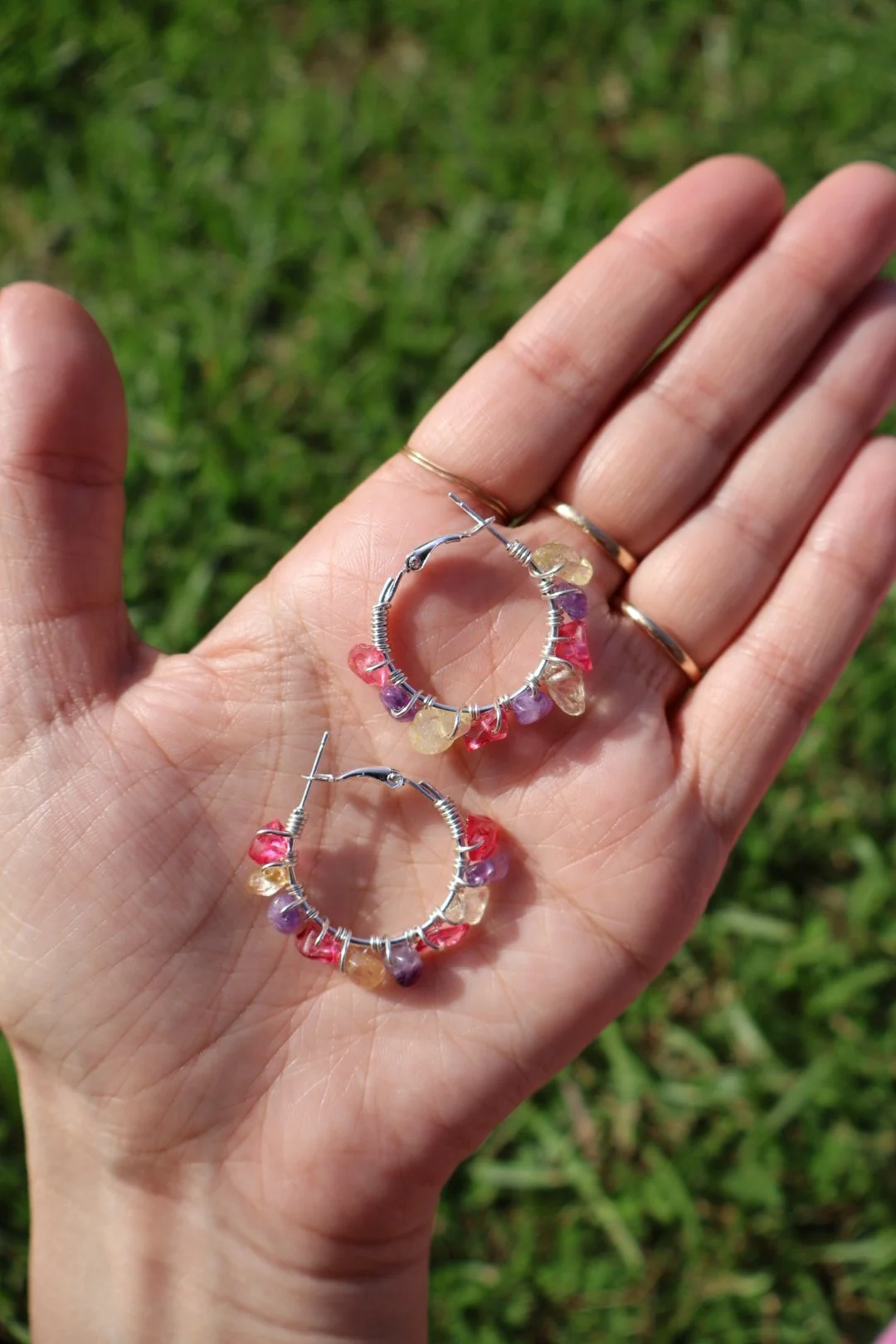 Amethyst x Pink Crystal x Citrine Mini Gemstone Hoops - SILVER