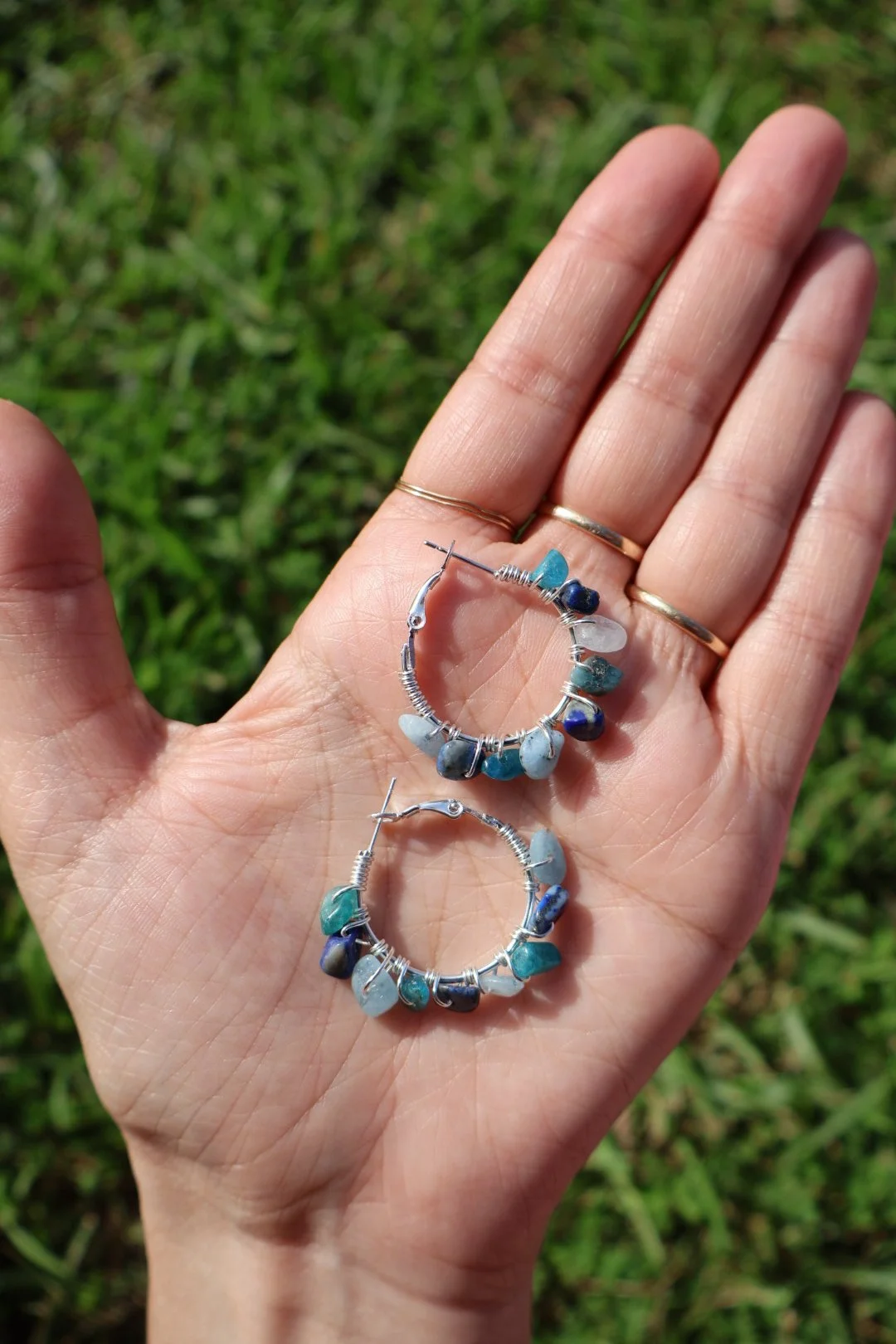 Aquamarine x Lapis Lazuli x Blue Apatite Mini Gemstone Hoops - SILVER