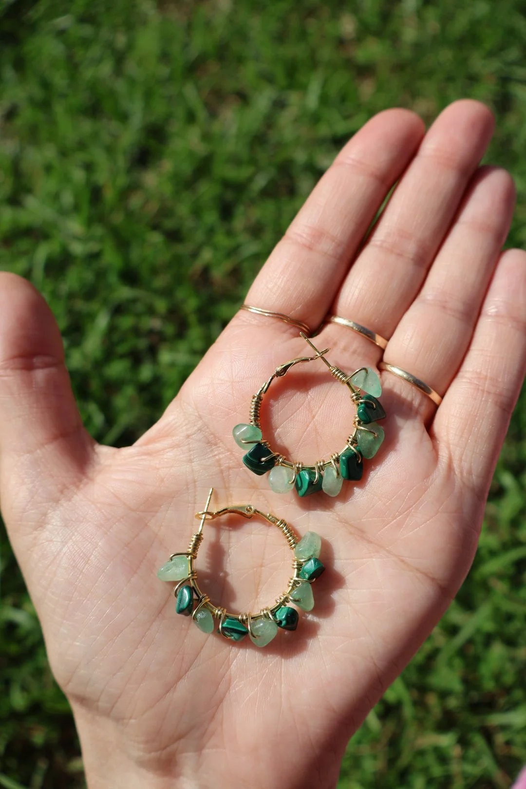 Aventurine x Malachite Mini Gemstone Hoops - GOLD