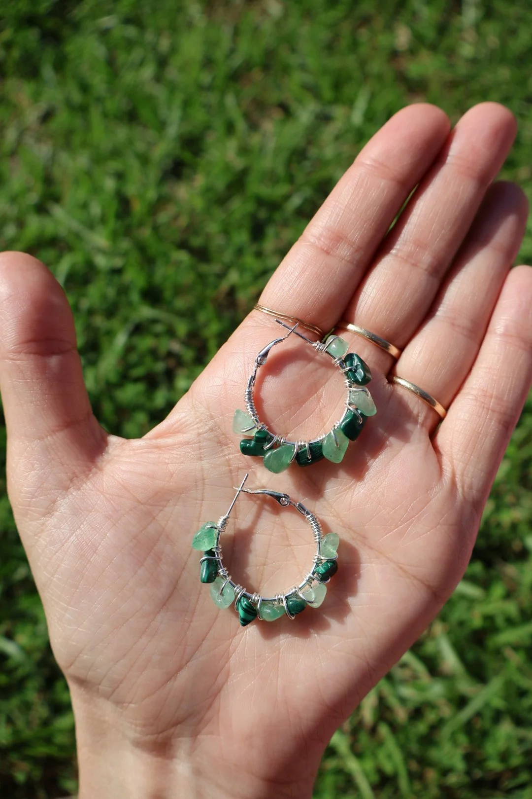 Aventurine x Malachite Mini Gemstone Hoops - SILVER