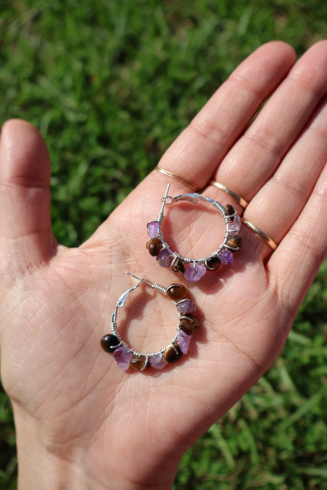 Amethyst x Tigers Eye Mini Gemstone Hoops - SILVER