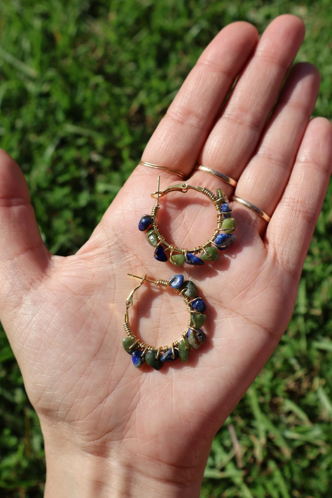 African Jasper x Lapis Lazuli Mini Gemstone Hoops - GOLD