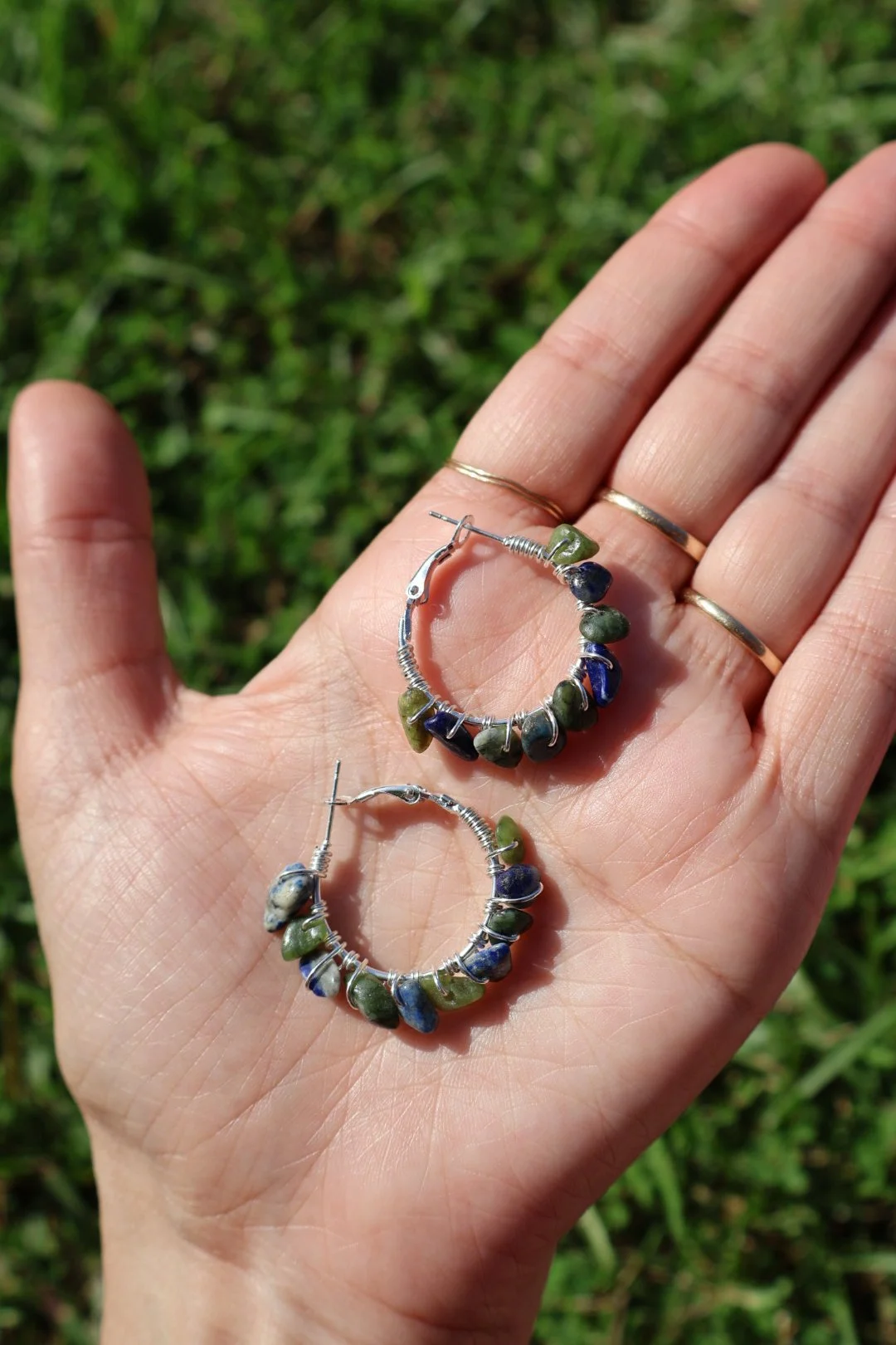 African Jasper x Lapis Lazuli Mini Gemstone Hoops - SILVER