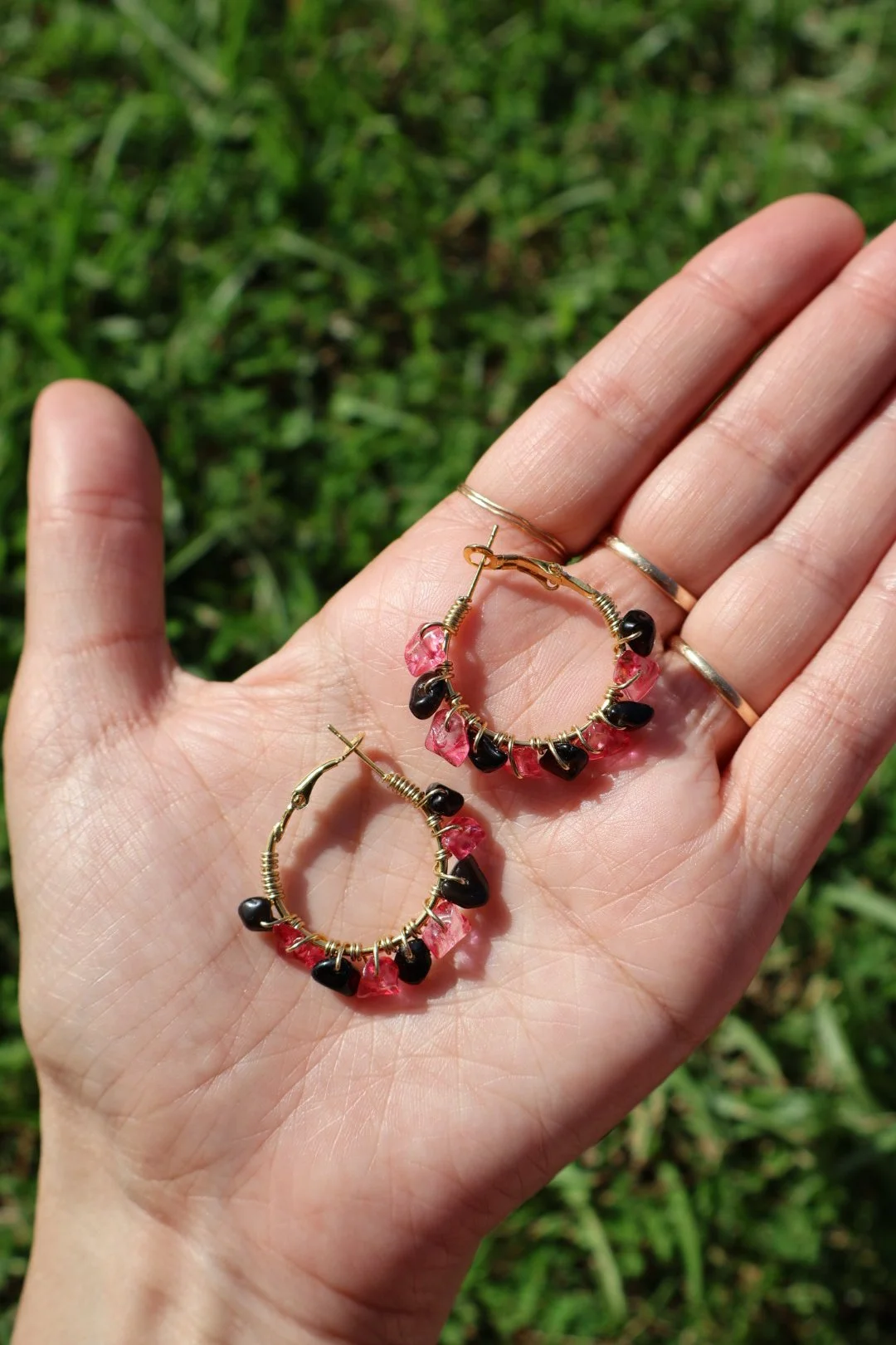 Obsidian x Pink Crystal Mini Gemstone Hoops - GOLD