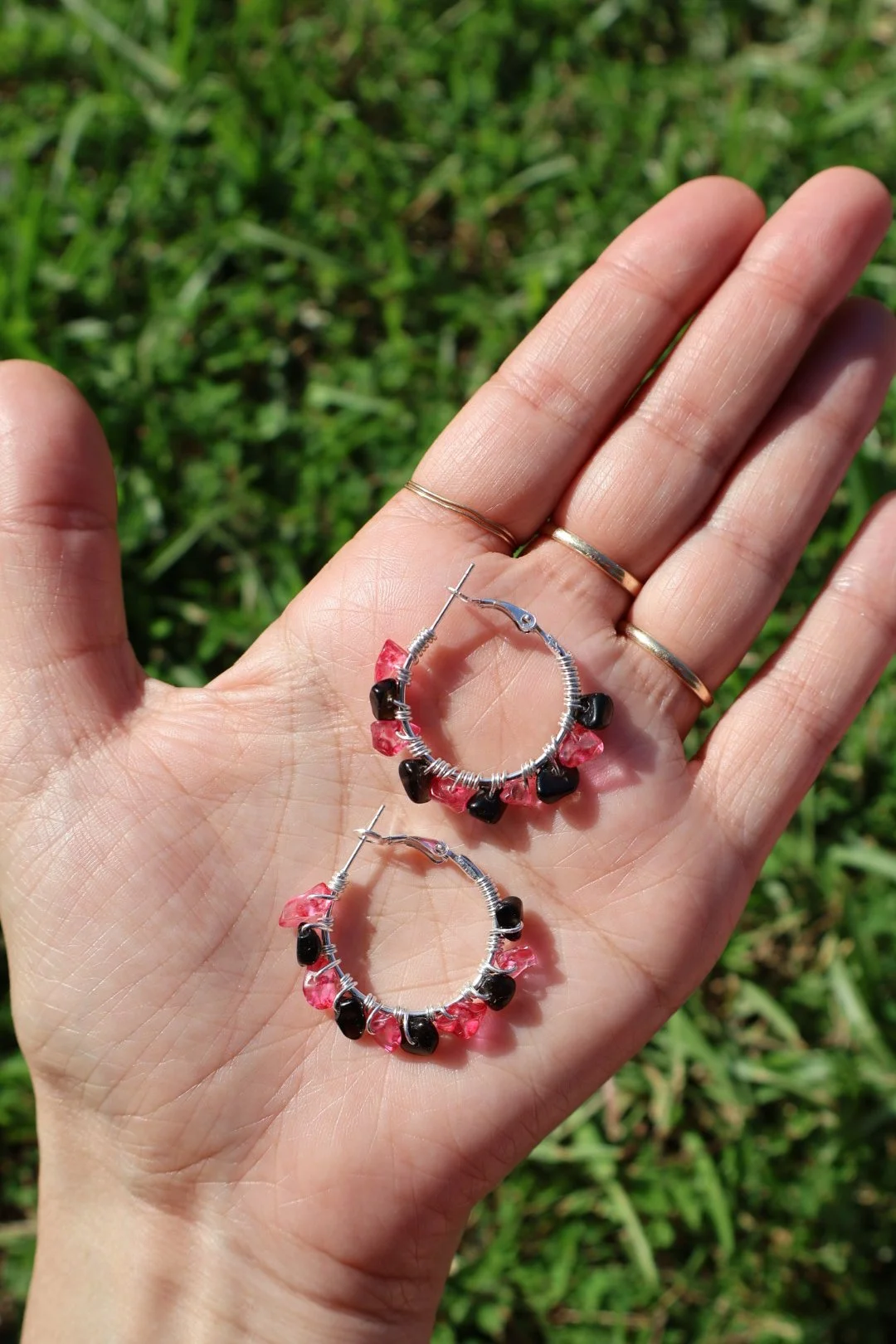 Obsidian x Pink Crystal Mini Gemstone Hoops - SILVER