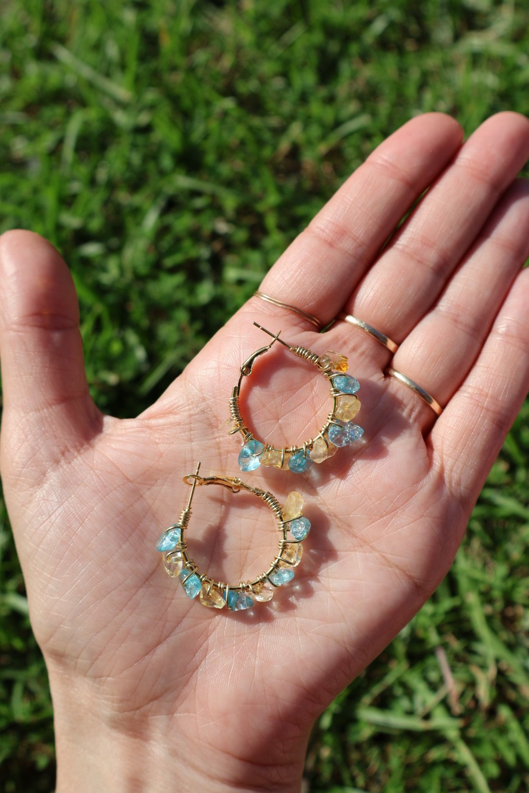 Citrine x Blue Quartz Mini Gemstone Hoops - GOLD