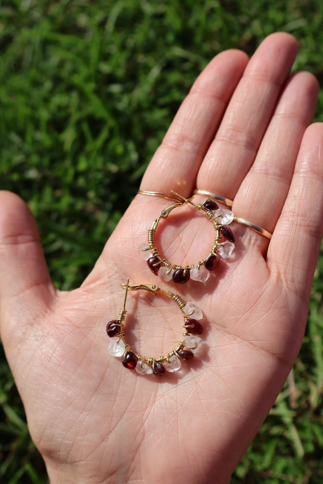 Garnet x Clear Quartz Mini Gemstone Hoops - GOLD
