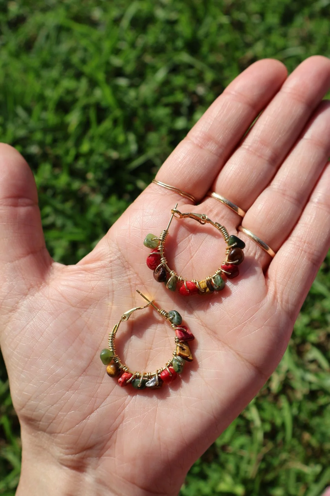 Tigers Eye x Bamboo Coral x African Jasper Mini Gemstone Hoops - GOLD