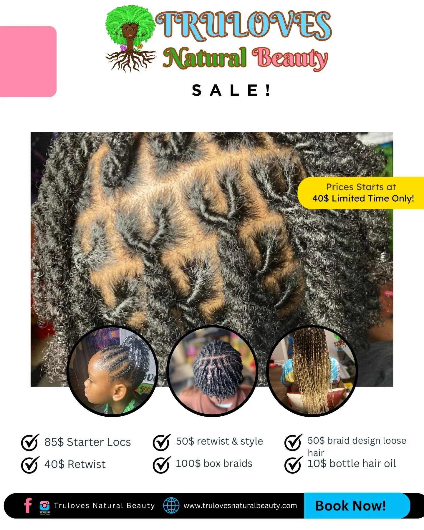 Recession-proof your slay! 💅🏾✨ Don't let the economy stop you from looking and feeling like a true BEAUTY! 🤩 For a LIMITED TIME ONLY, I'm offering high-quality hair services at UNBEATABLE prices! 🤑

👑 DEALS YOU CAN'T MISS:
🌱 Starter Locs
🔥 Fla