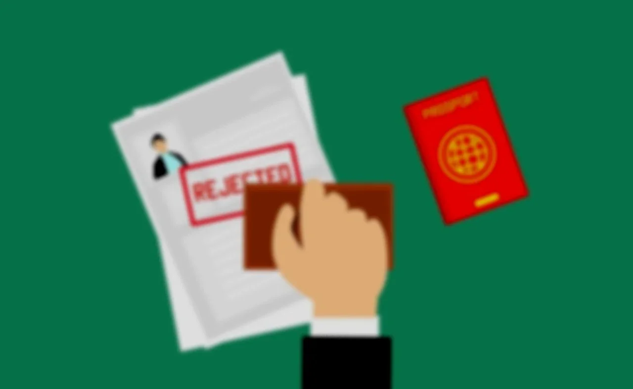 A blurred illustration of a person holding a decision card over rejection letter, with a passport nearby.