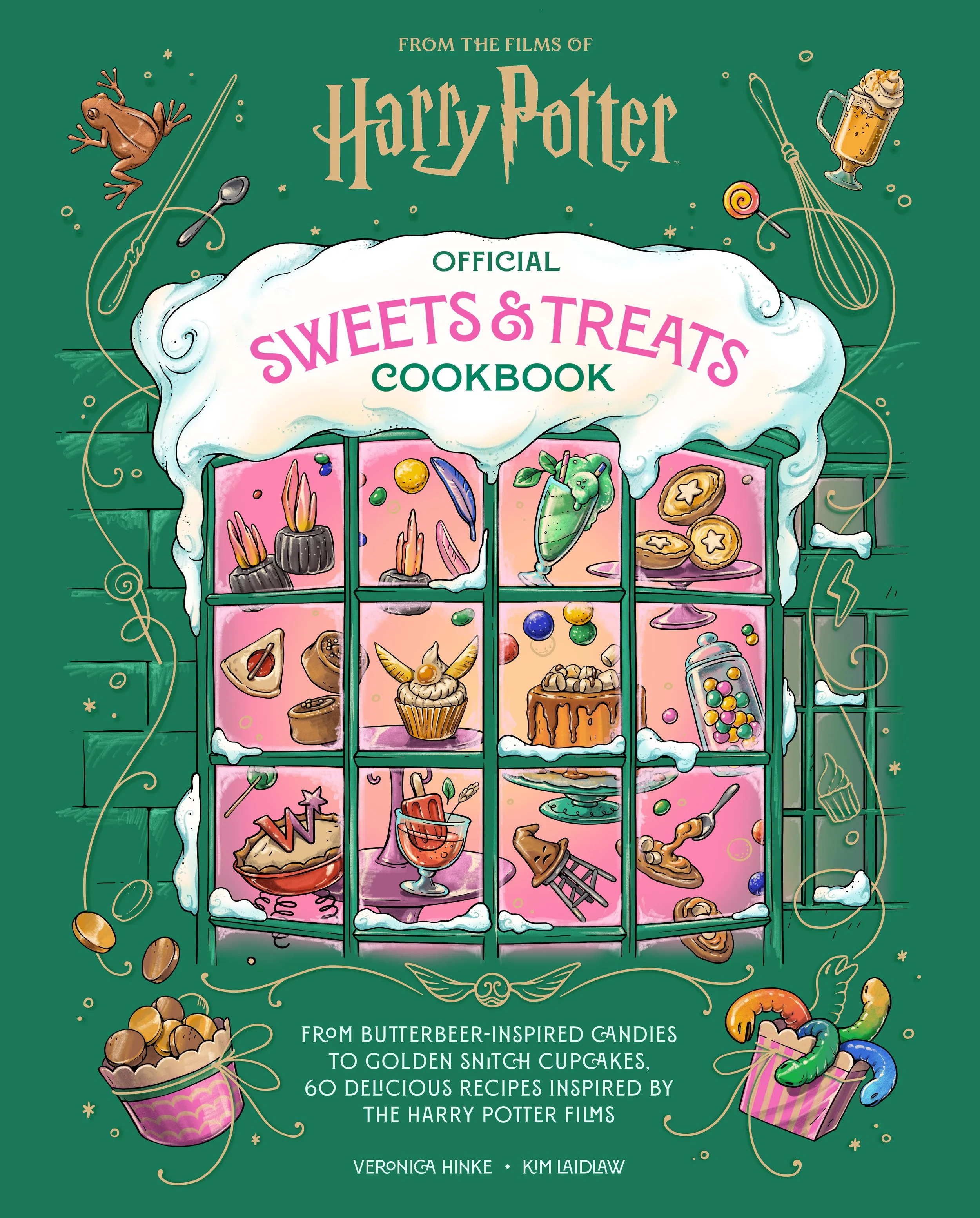 Book cover titled 'Official Sweets & Treats Cookbook' with illustrations of various desserts and candies, featuring a green background with whimsical decorations.